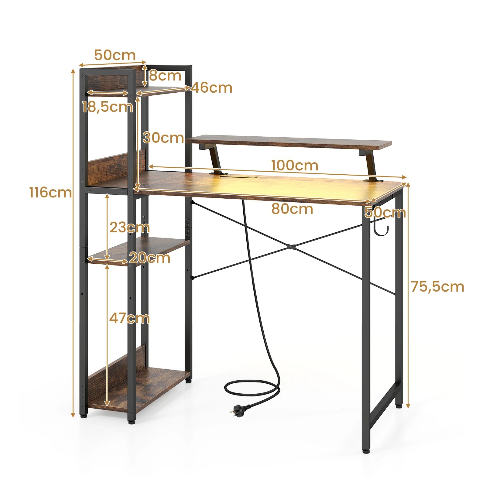 2 Costway Reversible Computer Desk w/LEDs & Charging Station Home Office Gaming Desk - Brown, 2 of 5