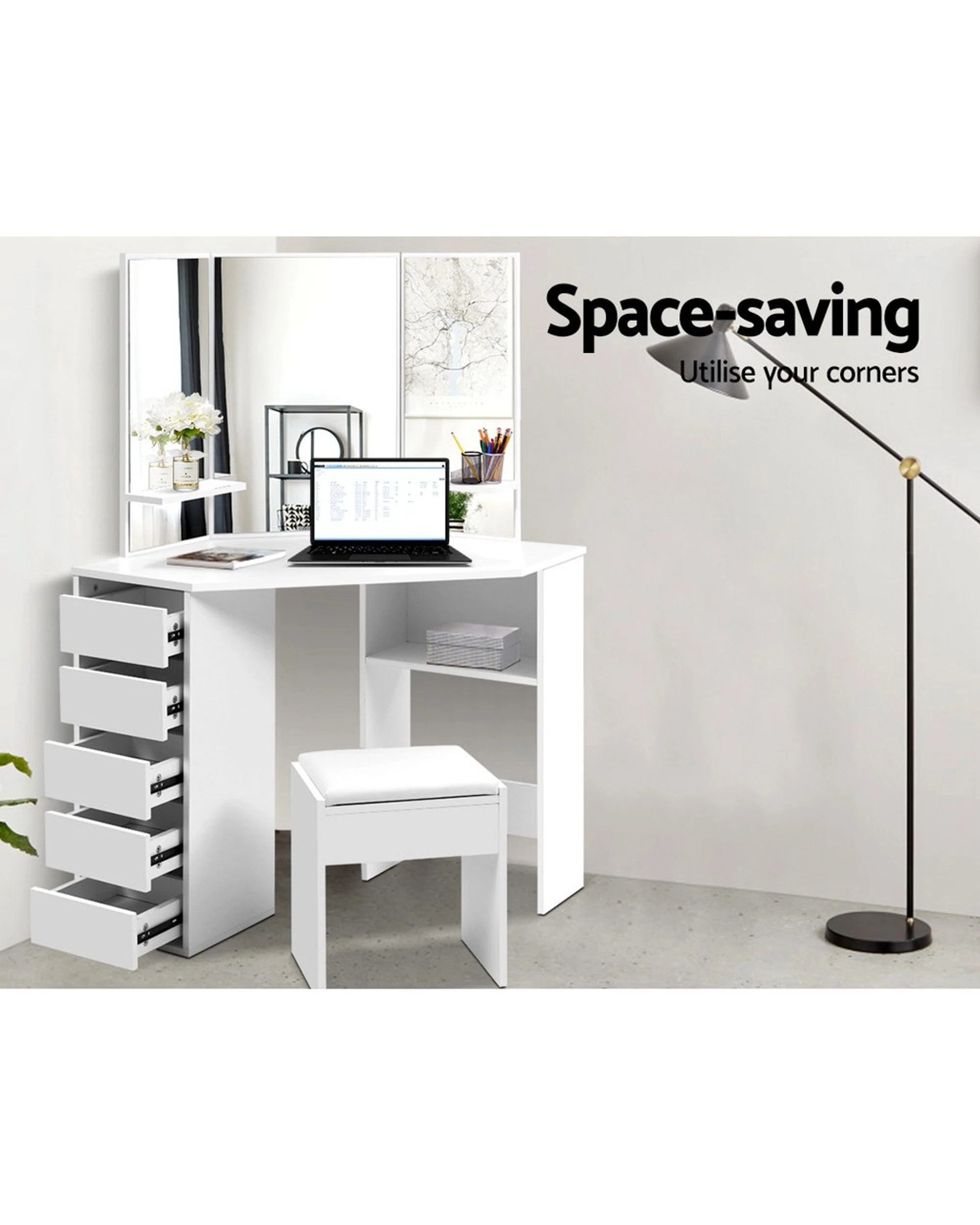 3 Artiss Dressing Table Stool Set Corner 5 Drawers
 - White, 3 of 3