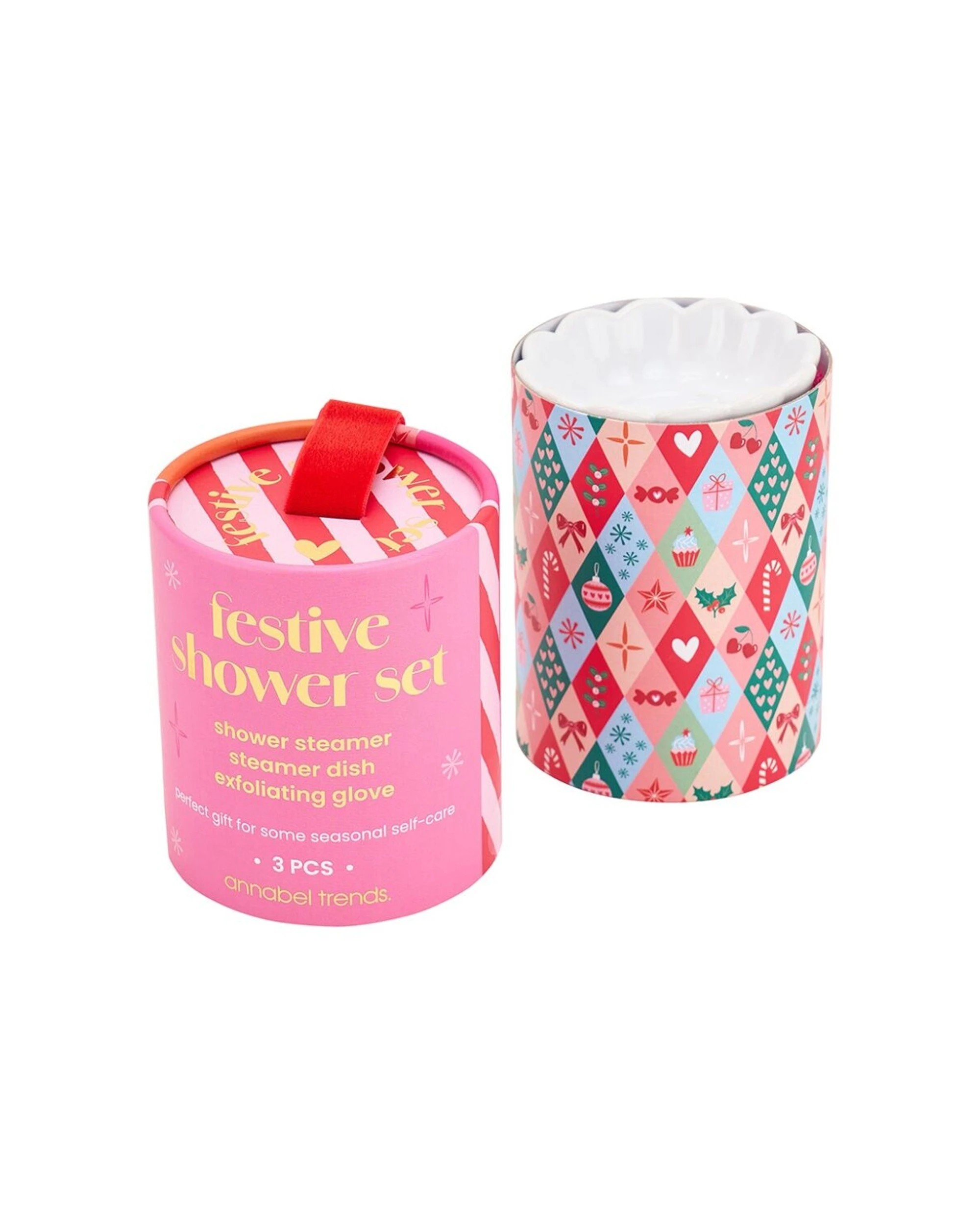 6 Annabel Trends 3pc Shower Bath Gift Set With Steamer Gloves Dish Festive - Pink, 6 of 7