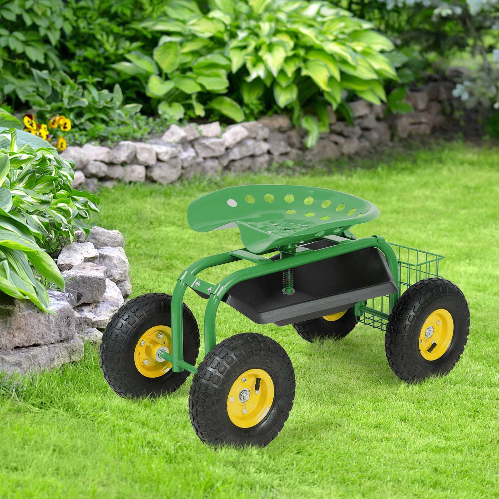 3 Costway Garden Cart Metal Rolling Scooter 360° Swivel Seat w/Storage Basket - Green, 3 of 3