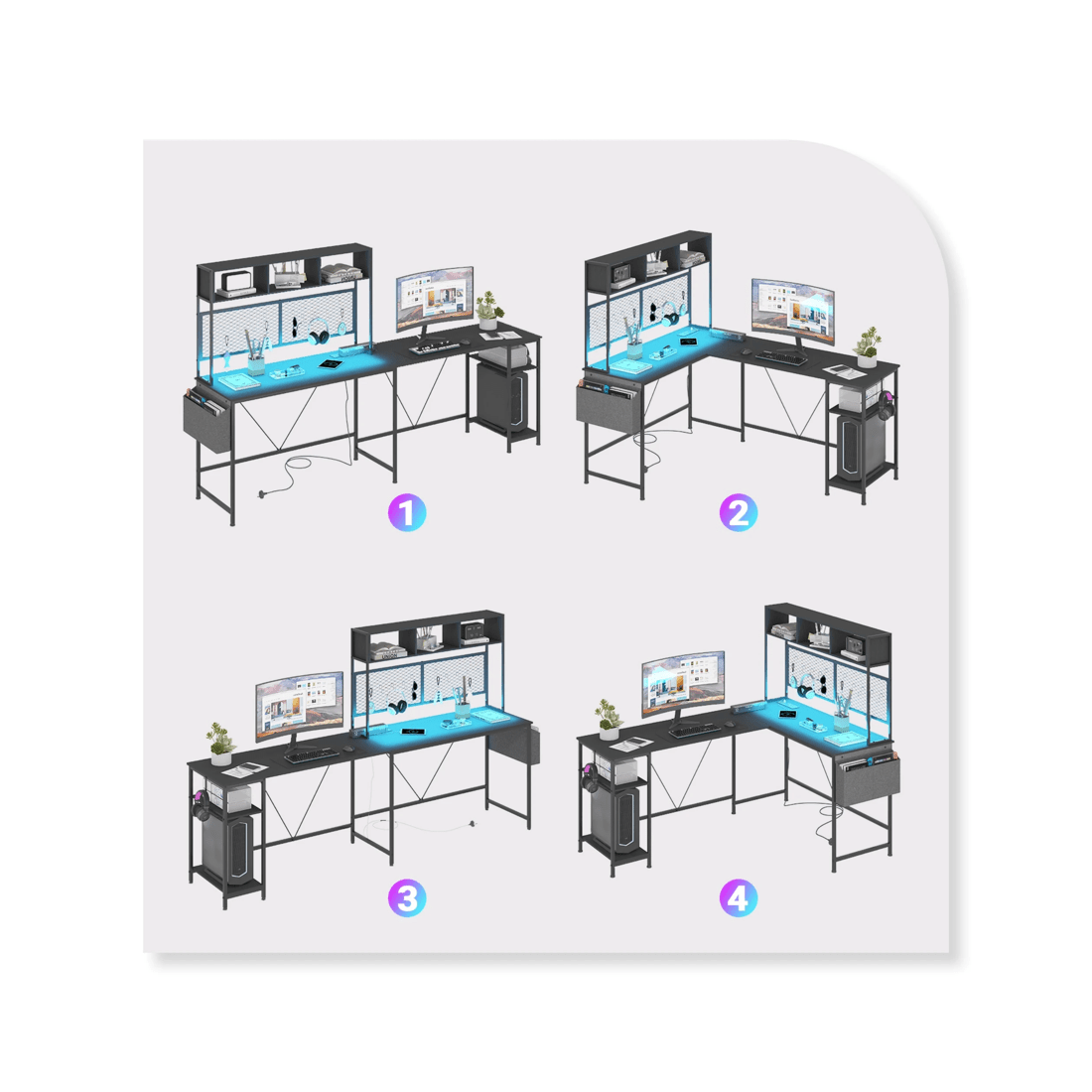 4 Advwin 170cm L Shaped Gaming Desk With Led Lights & Power Outlets Reversible Storage Shelf Computer Corner Desk Black, 4 of 10