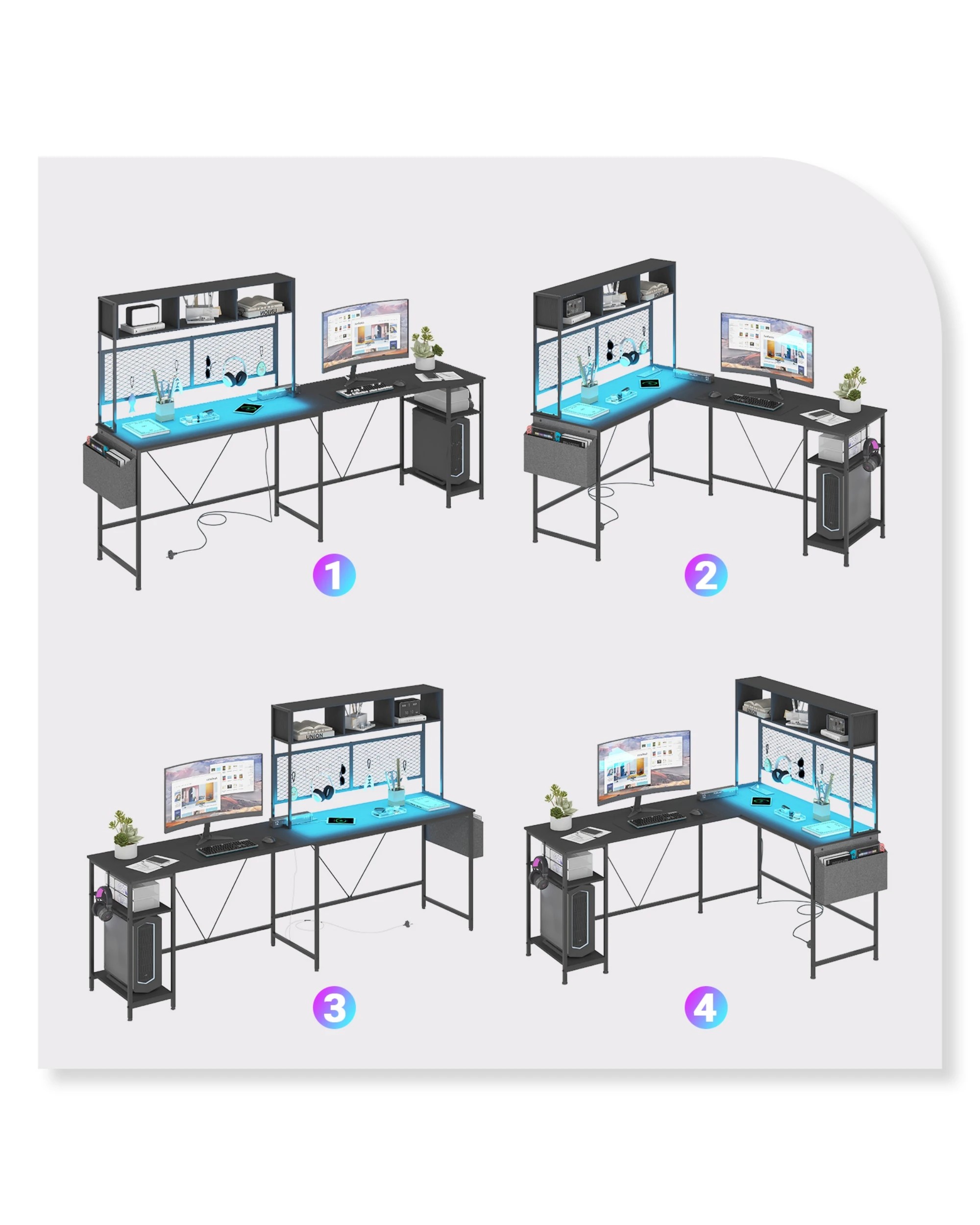 4 Advwin 170cm L Shaped Gaming Desk With Led Lights & Power Outlets Reversible Storage Shelf Computer Corner Desk Black, 4 of 10