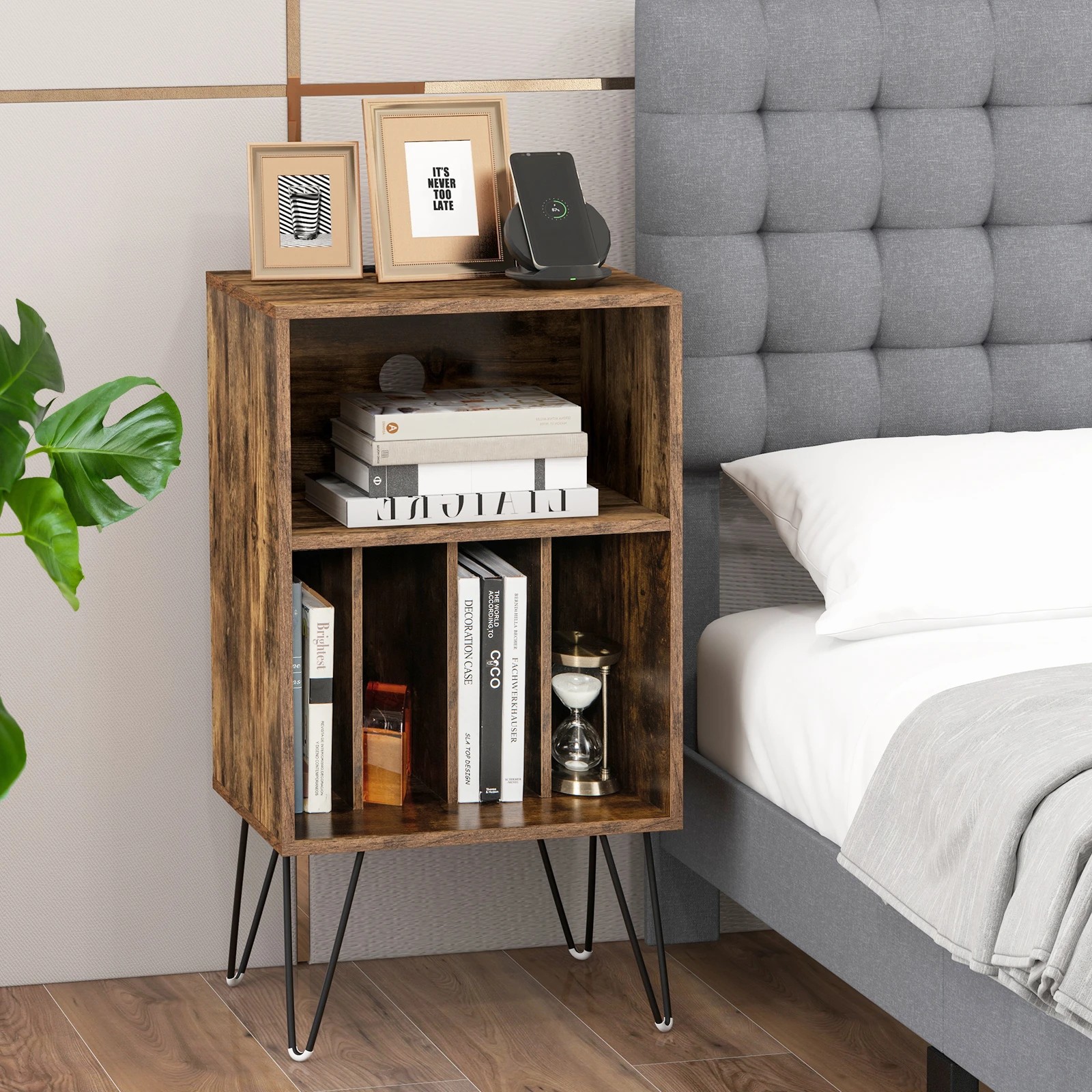 2 Costway Record Player Stand Turnable w/Charging Station Nightstand Bedside Table, 2 of 4