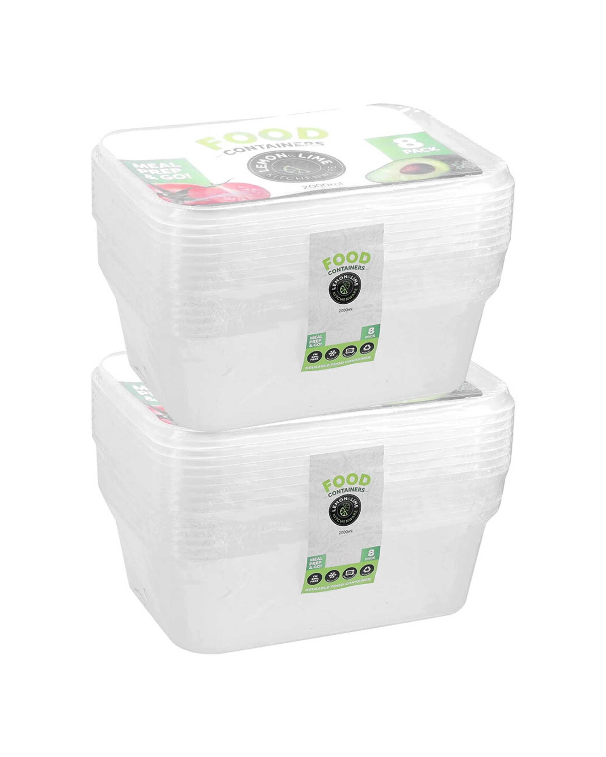 1 Lemon & Lime 2x 8PK Reusable 2L Rectangle Food Container With Lid Set - Clear, 1 of 7