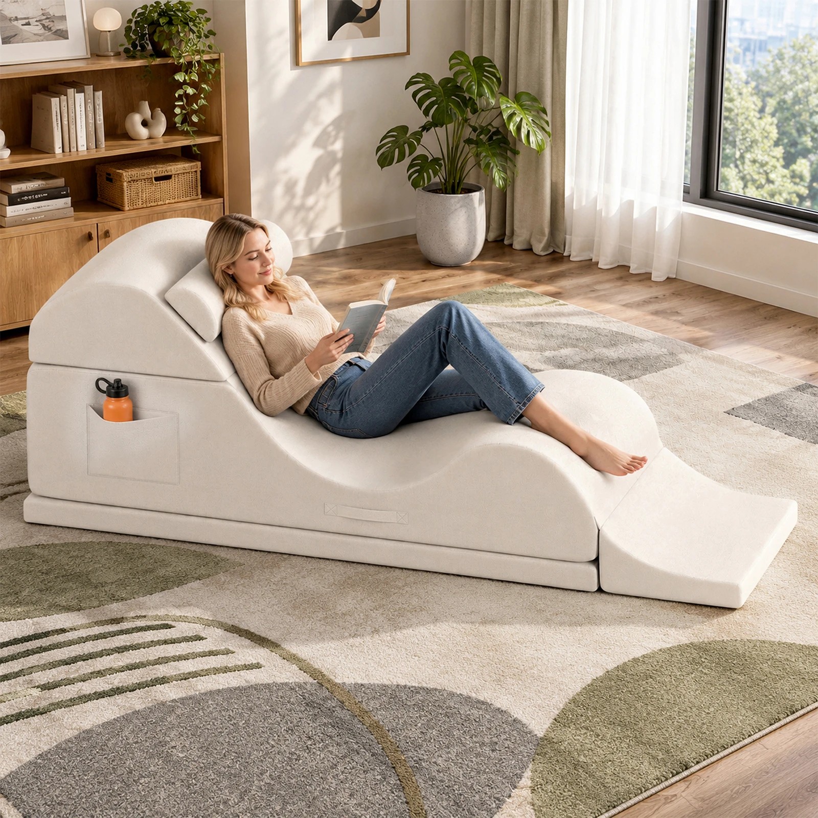 4 Advwin Convertible Yoga Chair Chaise Lounge with Suede Cover Detachable Mat - Beige, 4 of 7