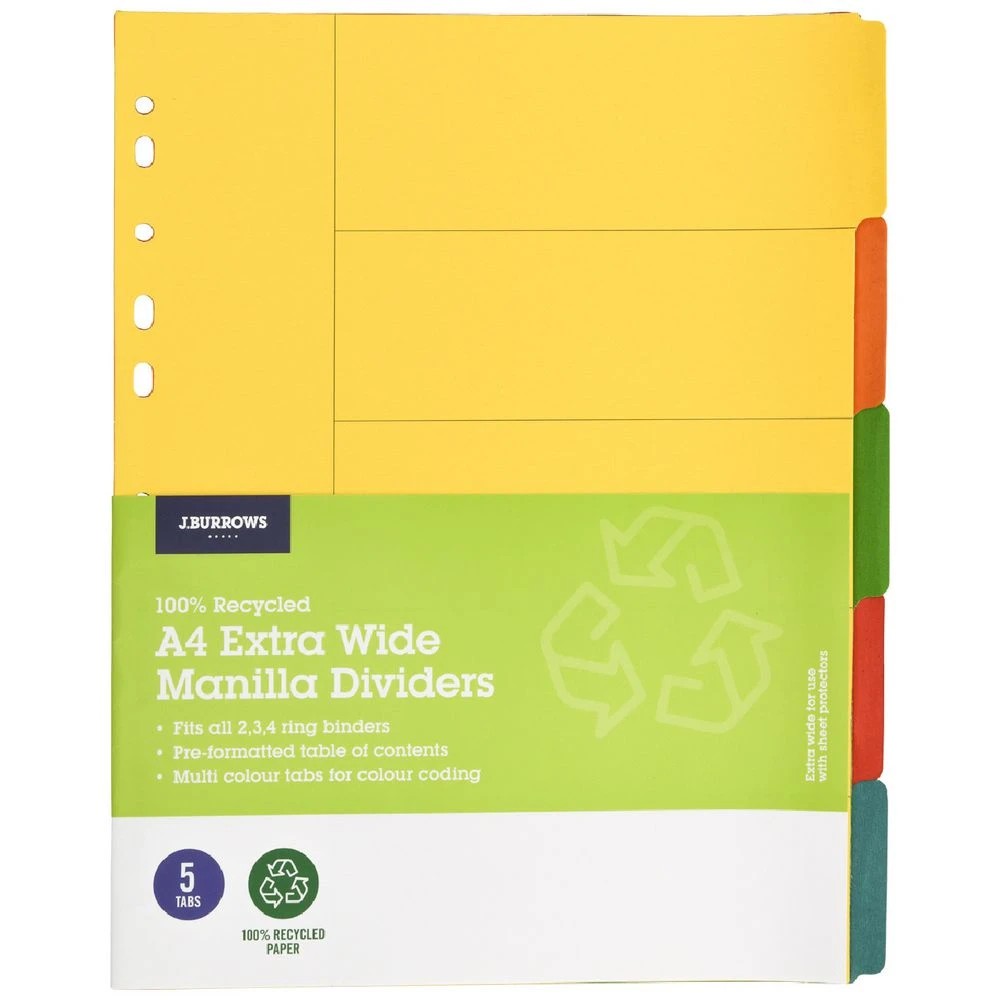 1 J.Burrows A4 5 Tab Dividers Extra Wide Bright Colours, 1 of 3