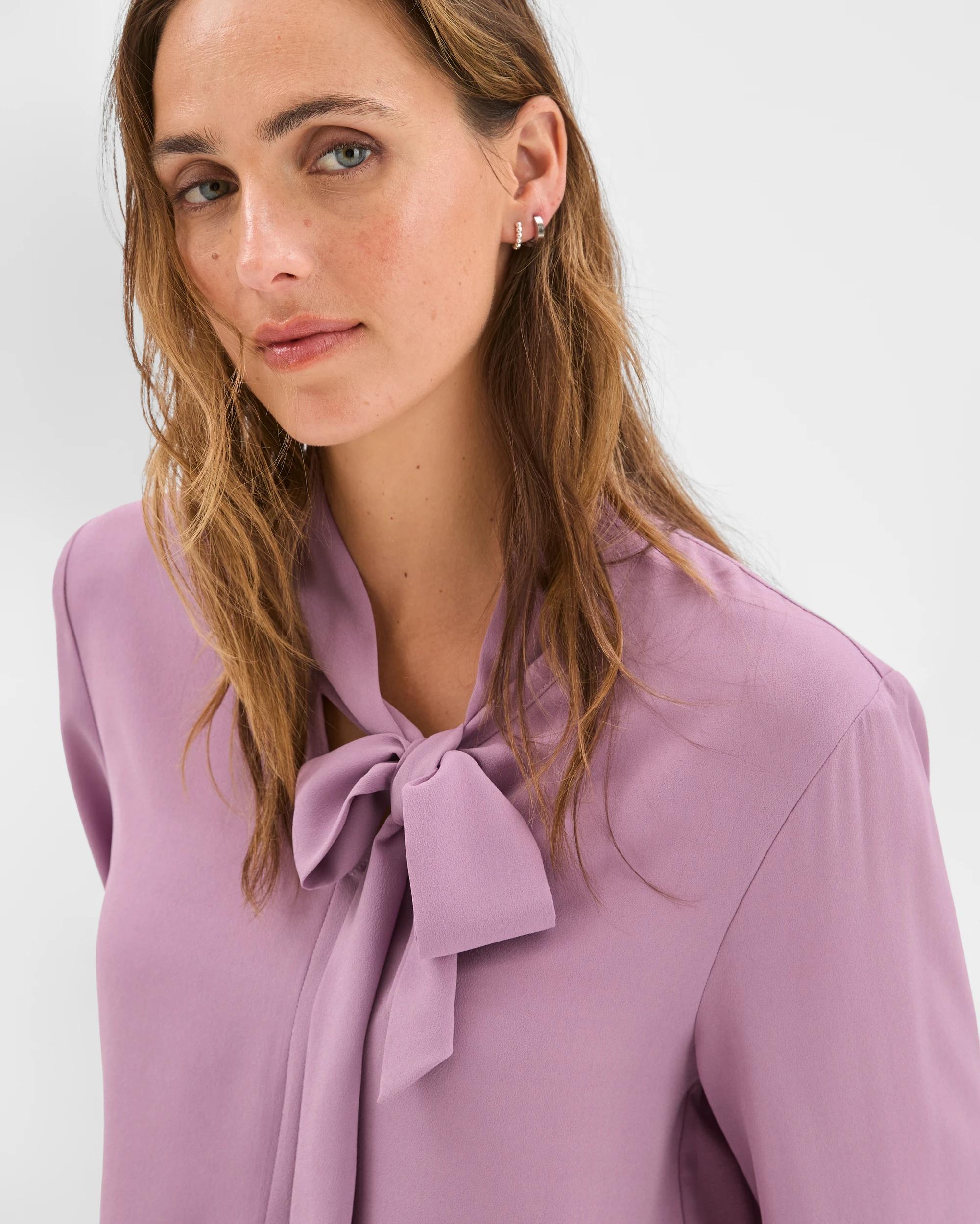 6 Preview Long Sleeve Tie Neck Blouse BERRY CREAM, 6 of 7