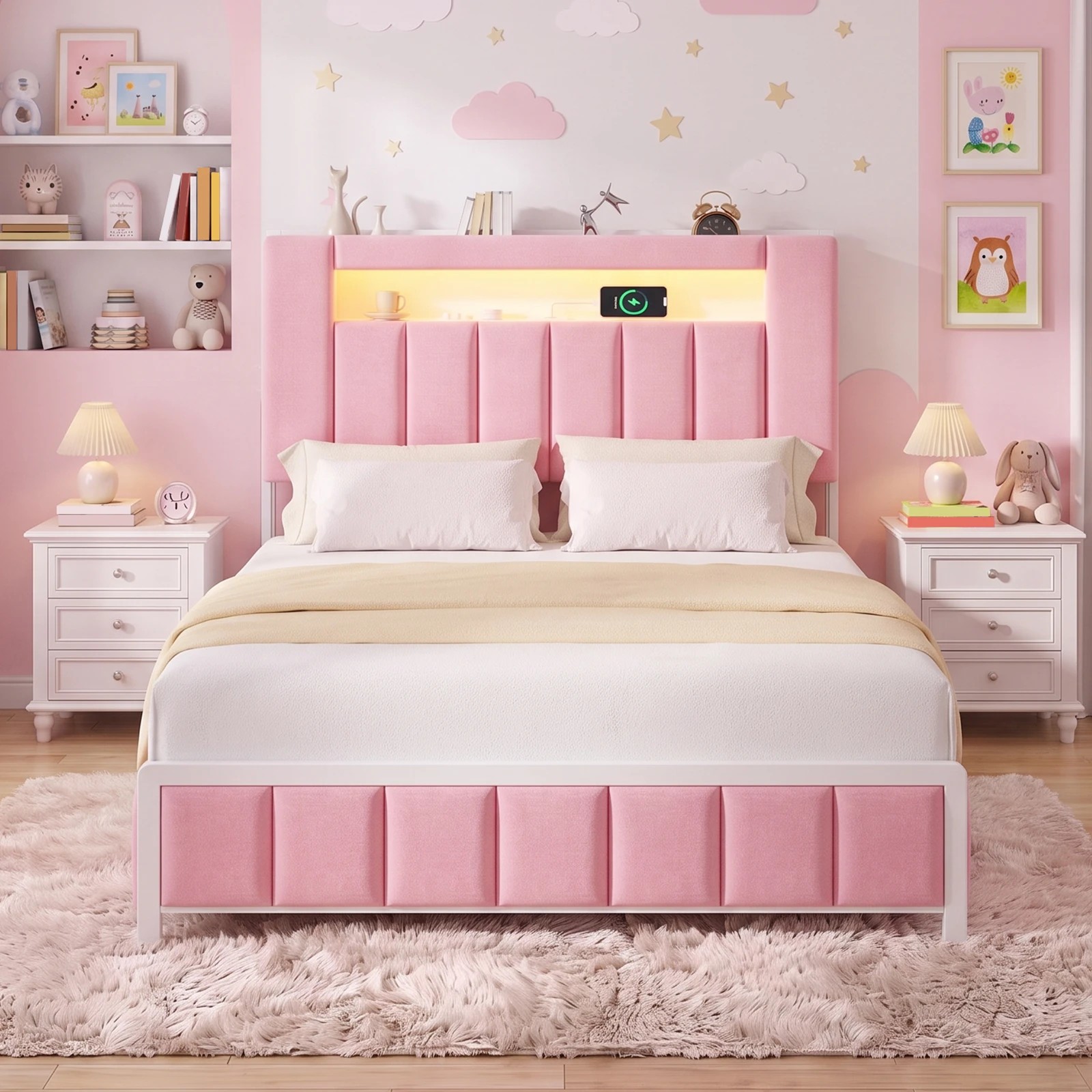 8 Advwin Double Bed Frame with LED Shelves Charging Station - Pink, 8 of 8