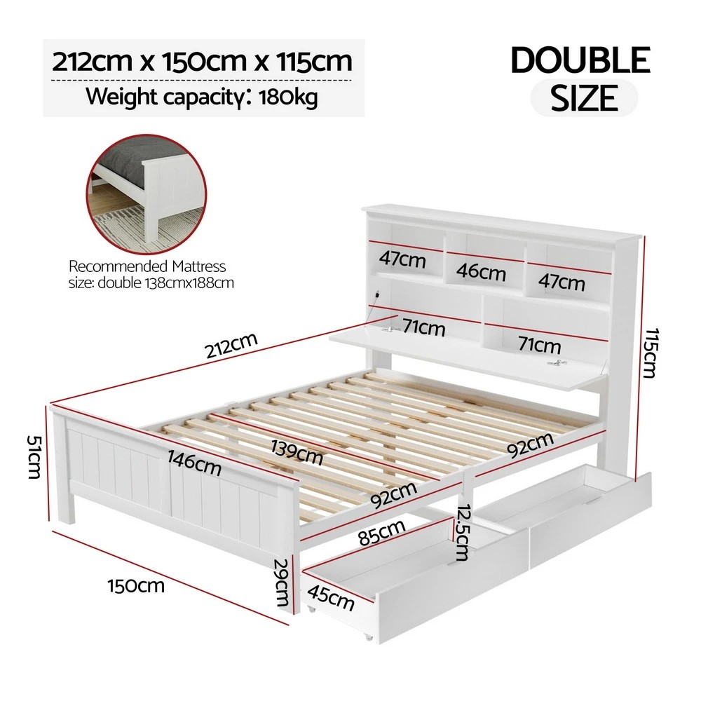 2 Artiss Bed Frame Double Size en with 3 Shelves Bed Head - White, 2 of 10