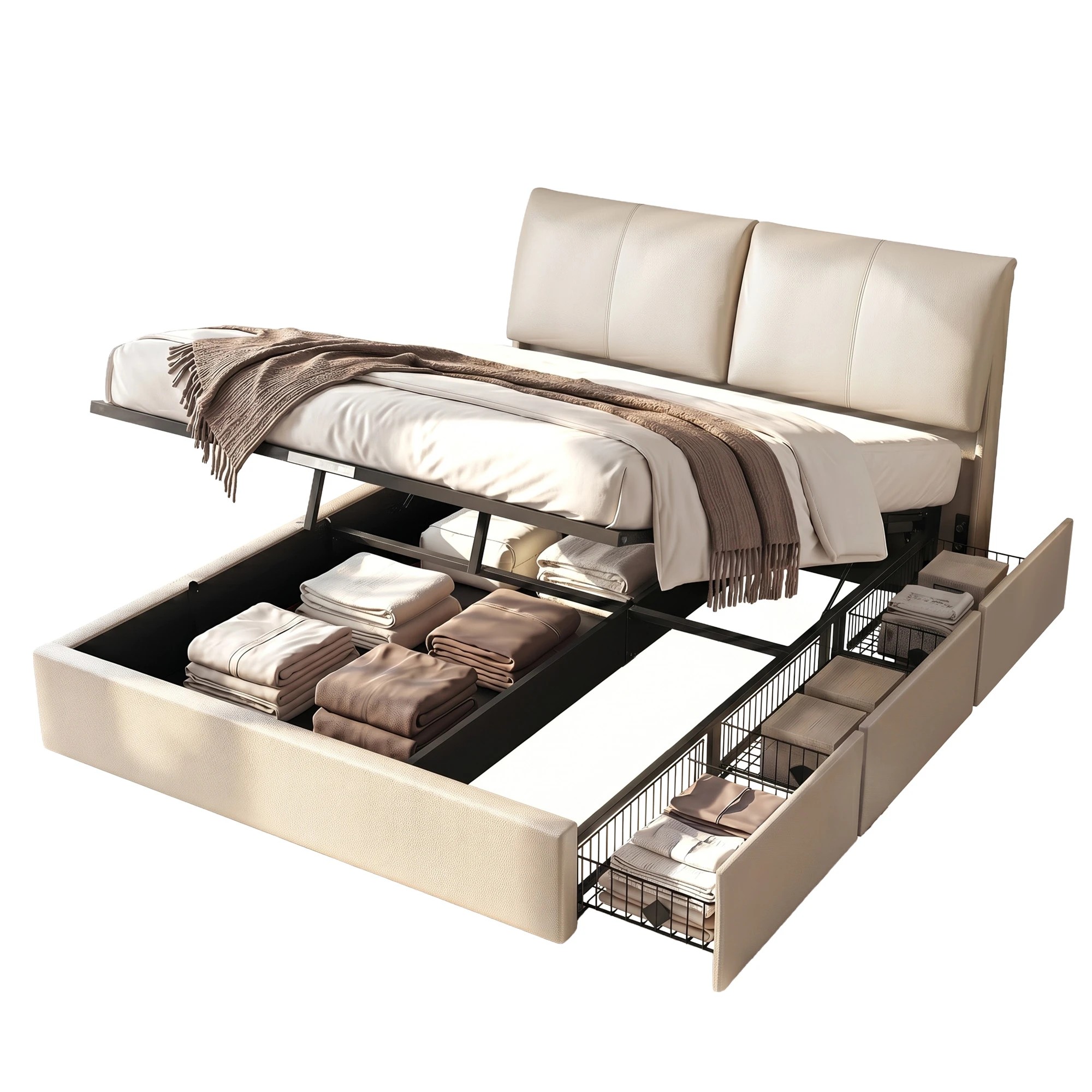 1 Artiss King Bed Frame Gas Lift Storage 3 Drawers Adjustable Headboard Platform Base - Beige, 1 of 9