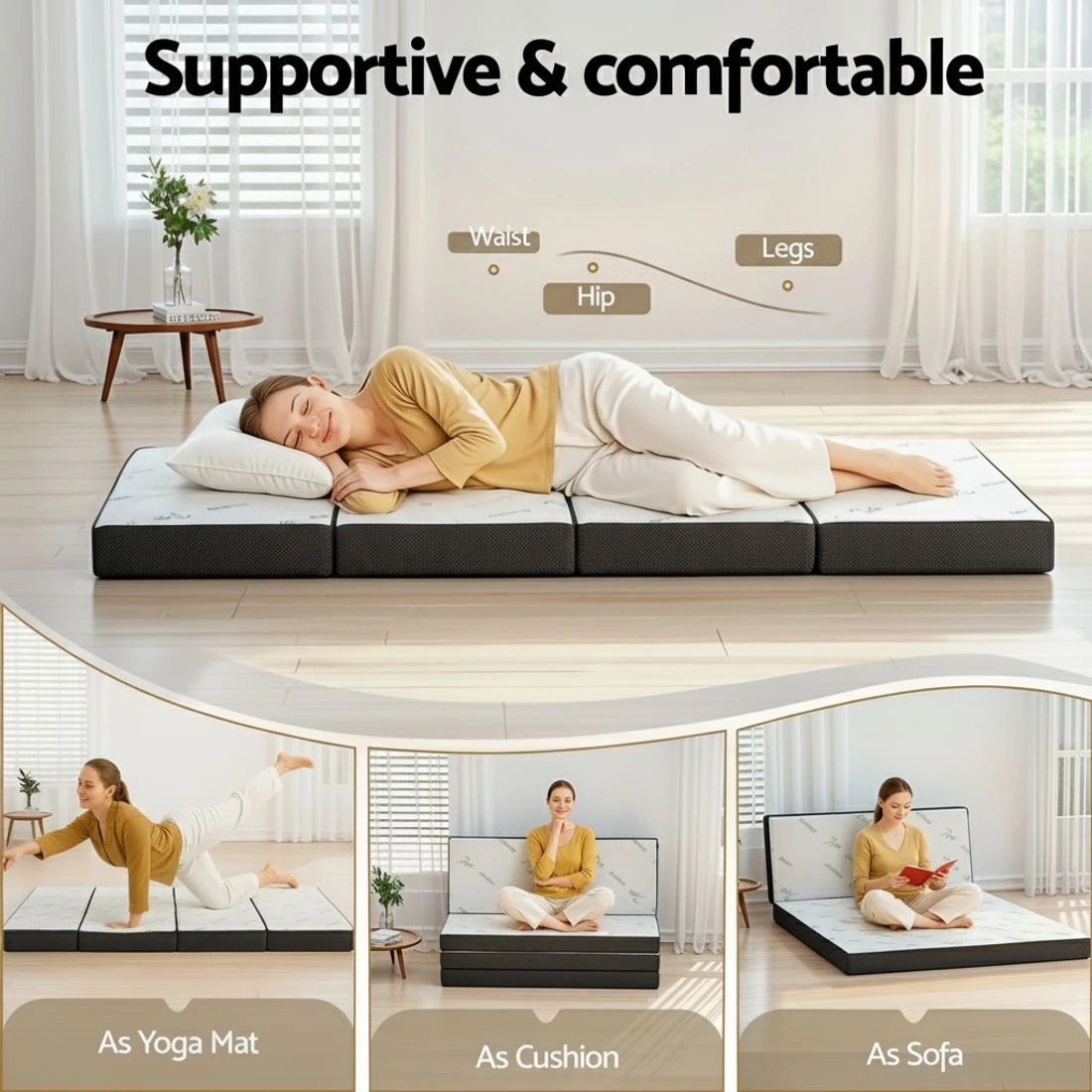 4 Giselle Foldable Mattress Folding Foam Mattresses Bamboo Double - Double Bed - Black, 4 of 10