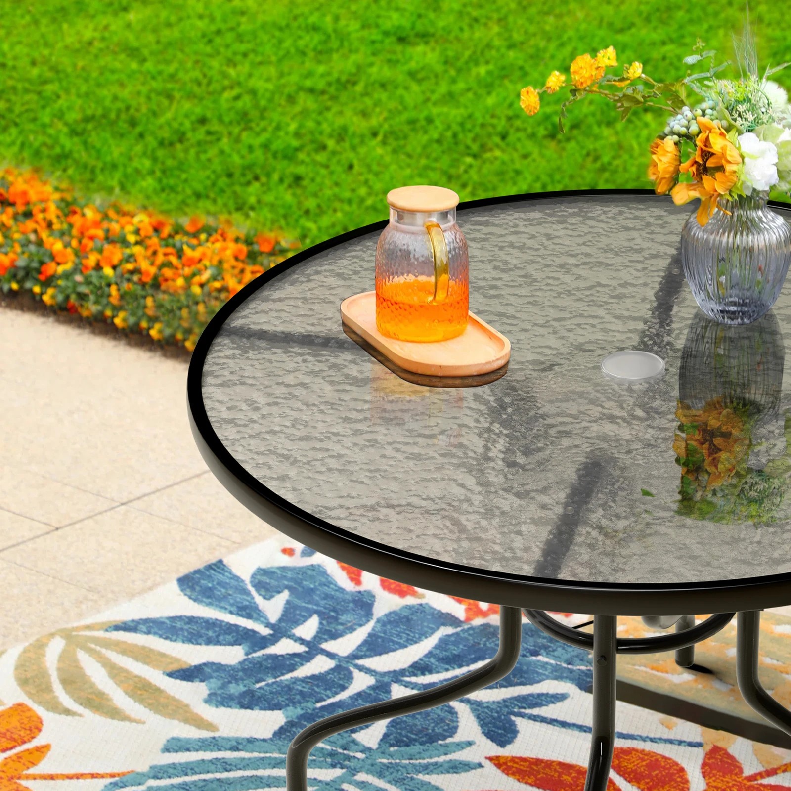 6 Alfordson Outdoor Furniture Patio Dining Table Garden 90CM Round Glass - Black, 6 of 10