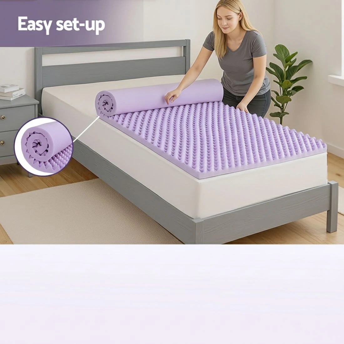 7 Giselle 5cm Memory Foam Mattress Topper Lavender Infused Egg Crate King Single - King Single Bed - Purple, 7 of 7