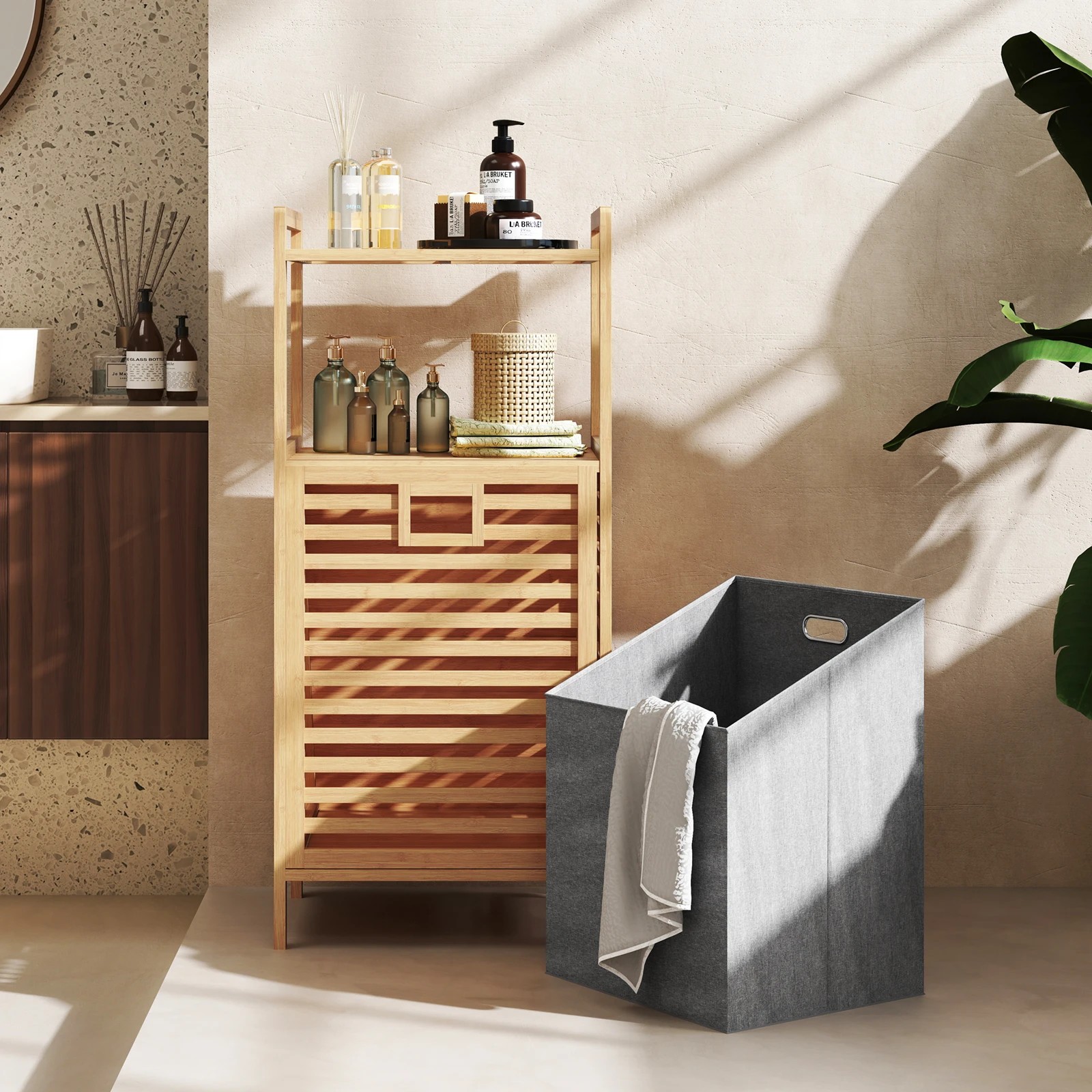 2 Costway Bamboo Laundry Cabinet Bathroom Storage Cupboard w/Tilt-Out Basket - Natural, 2 of 6