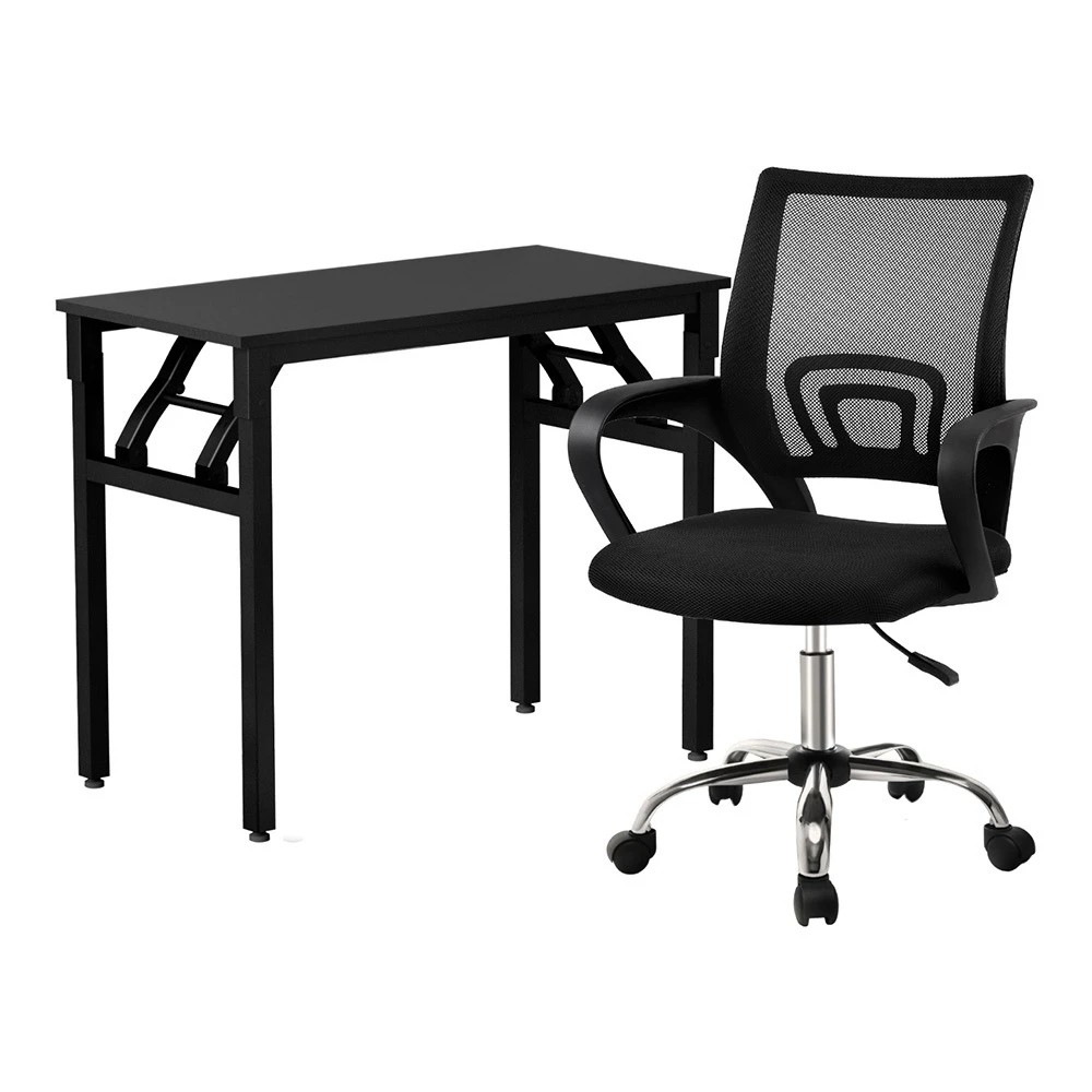 1 Artiss Computer Desk Mesh Office Chair Set Foldable Home Study Table - Black, 1 of 6