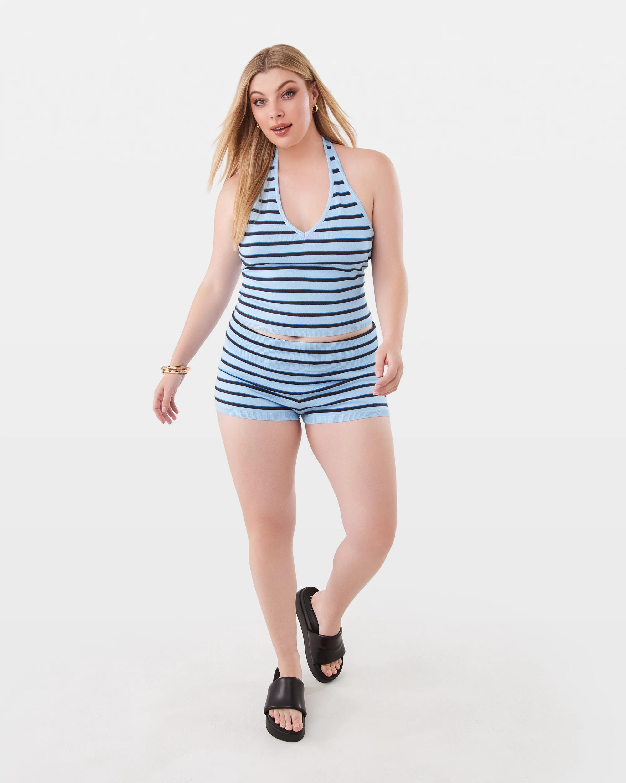 4 Knit Fold Over Mini Shorts Blu Stripe, 4 of 9