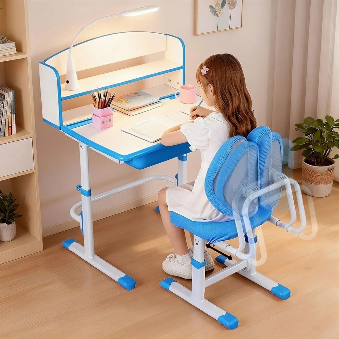 5 Keezi Kids Study Desk Chair Set Adjustable Ergonomic Table LED Lamp - Blue, 5 of 6
