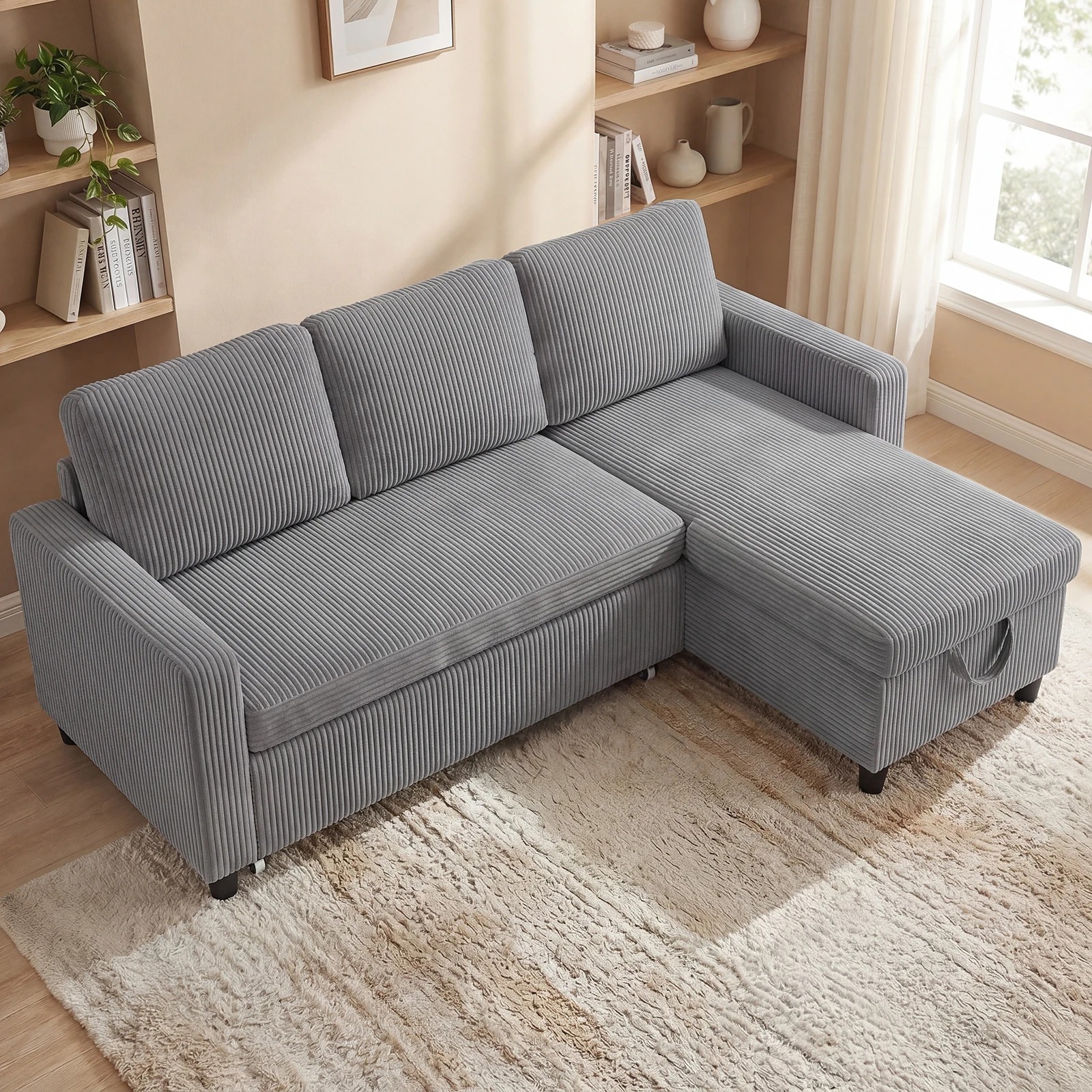 4 Advwin Sectional Sofa Couch with Pull Out Bed, L Shaped Reversible Corduroy Sleeper Sofa Bed with Storage Chaise - Grey, 4 of 7