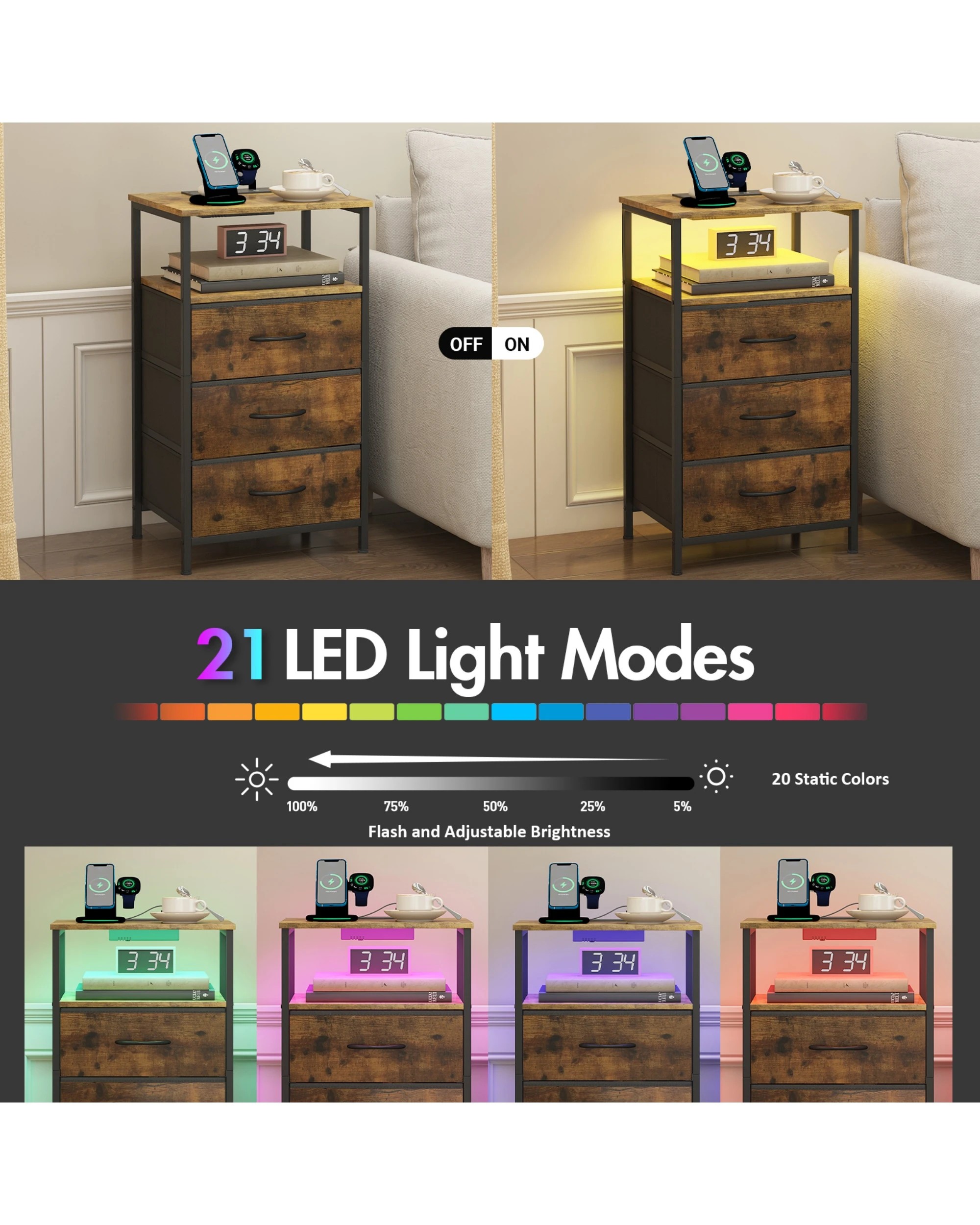 5 Advwin LED Bedside Table With Charging Station 3 Fabric Drawers Nightstand - Brown, 5 of 8