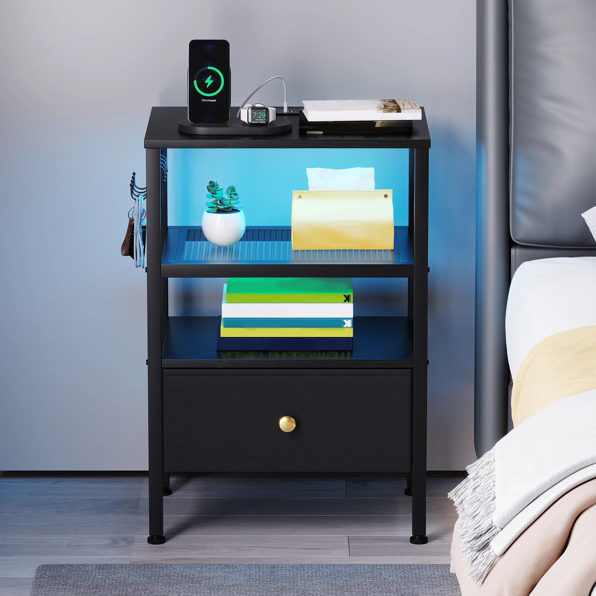 4 Advwin Bedside Table with Fabric Drawer Charging Station LED Lights - Black, 4 of 5