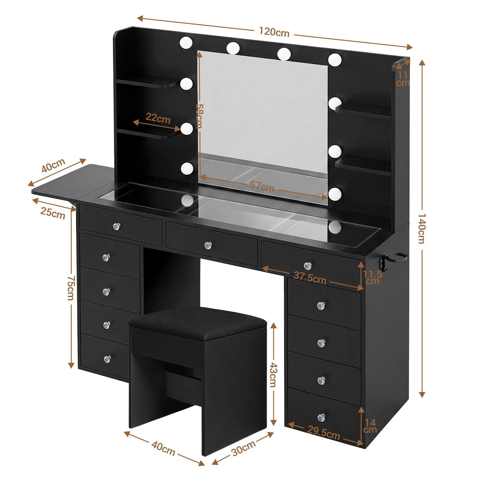 2 Ausway Luxury Vanity Table and Dressing Stool Set with 10 LED Lighted Hollywood Mirror 11 Drawers 4 Shelves, 2 of 7