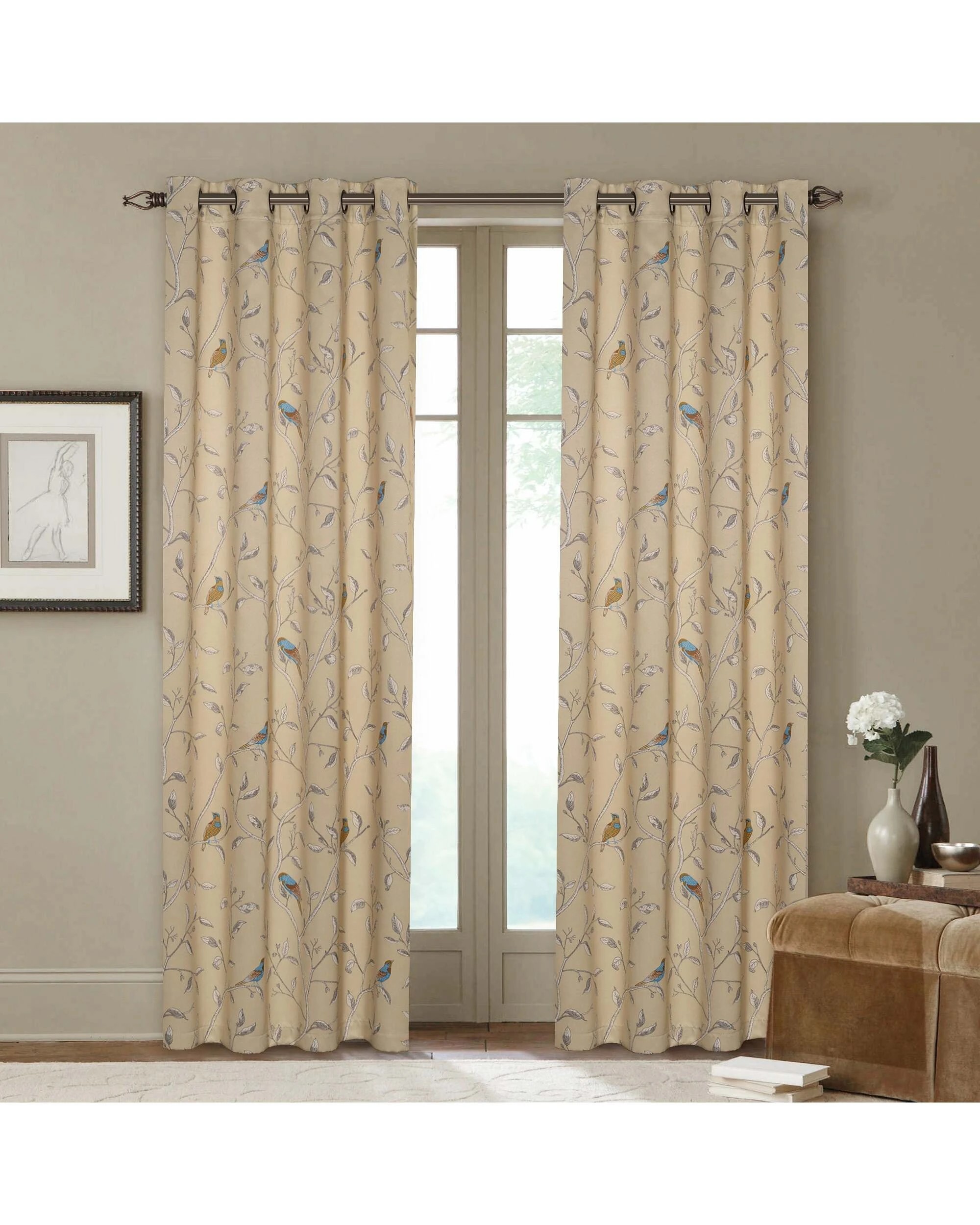 1 Smarcute Vintage Bird Printed Curtain - 2X 132x213cm - Multi, 1 of 4