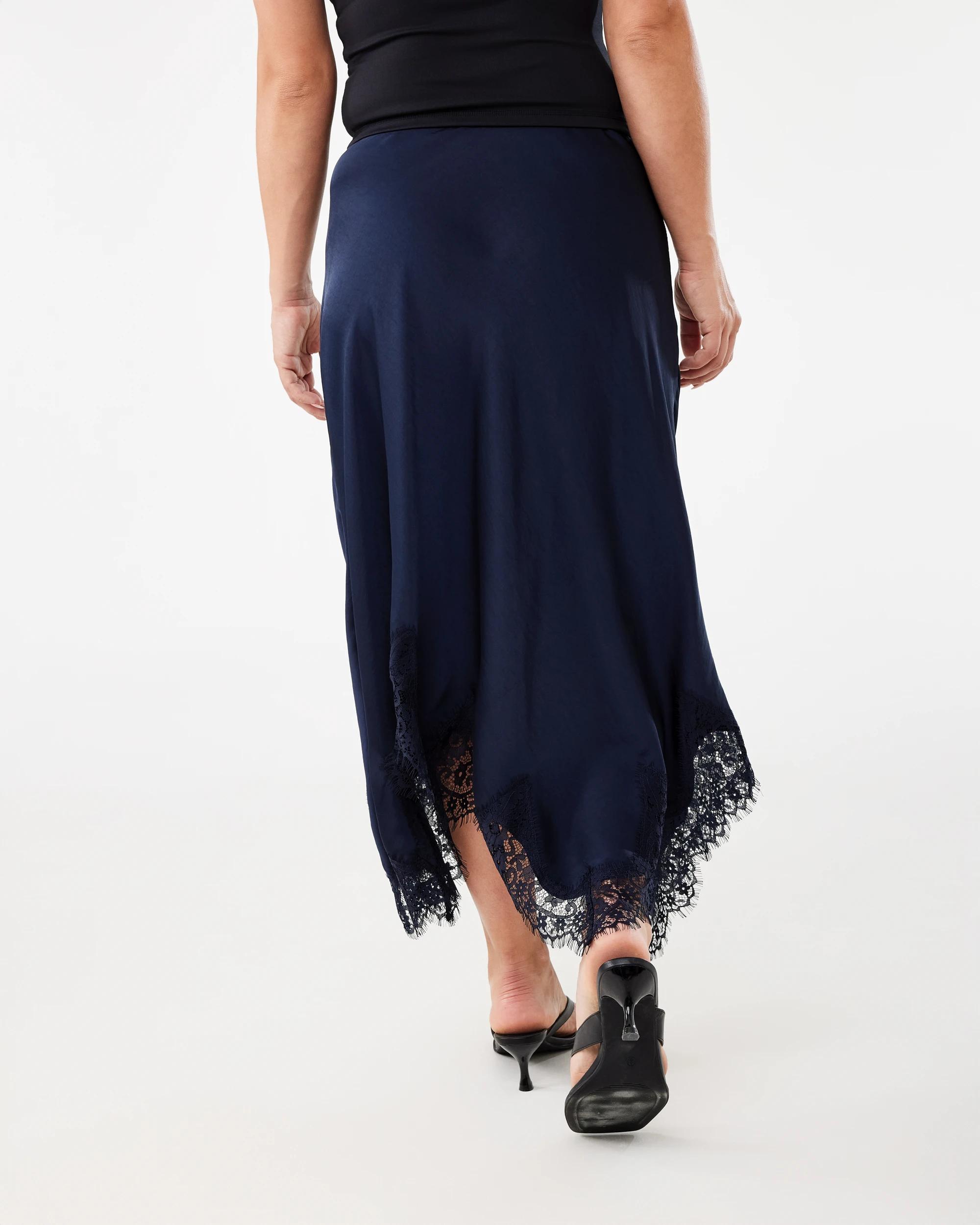 3 Satin Asymmetrical Lace Trim Skirt Navy Blaze, 3 of 4