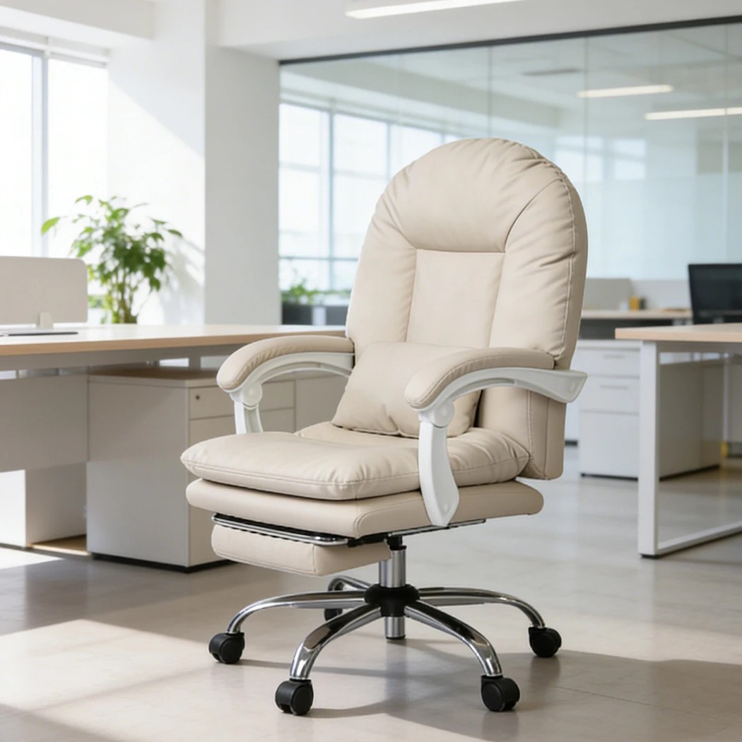 8 Levede Office Chair with Footrest Comfy Desk Chair with Wheels,PU Leather,Beige, 8 of 8