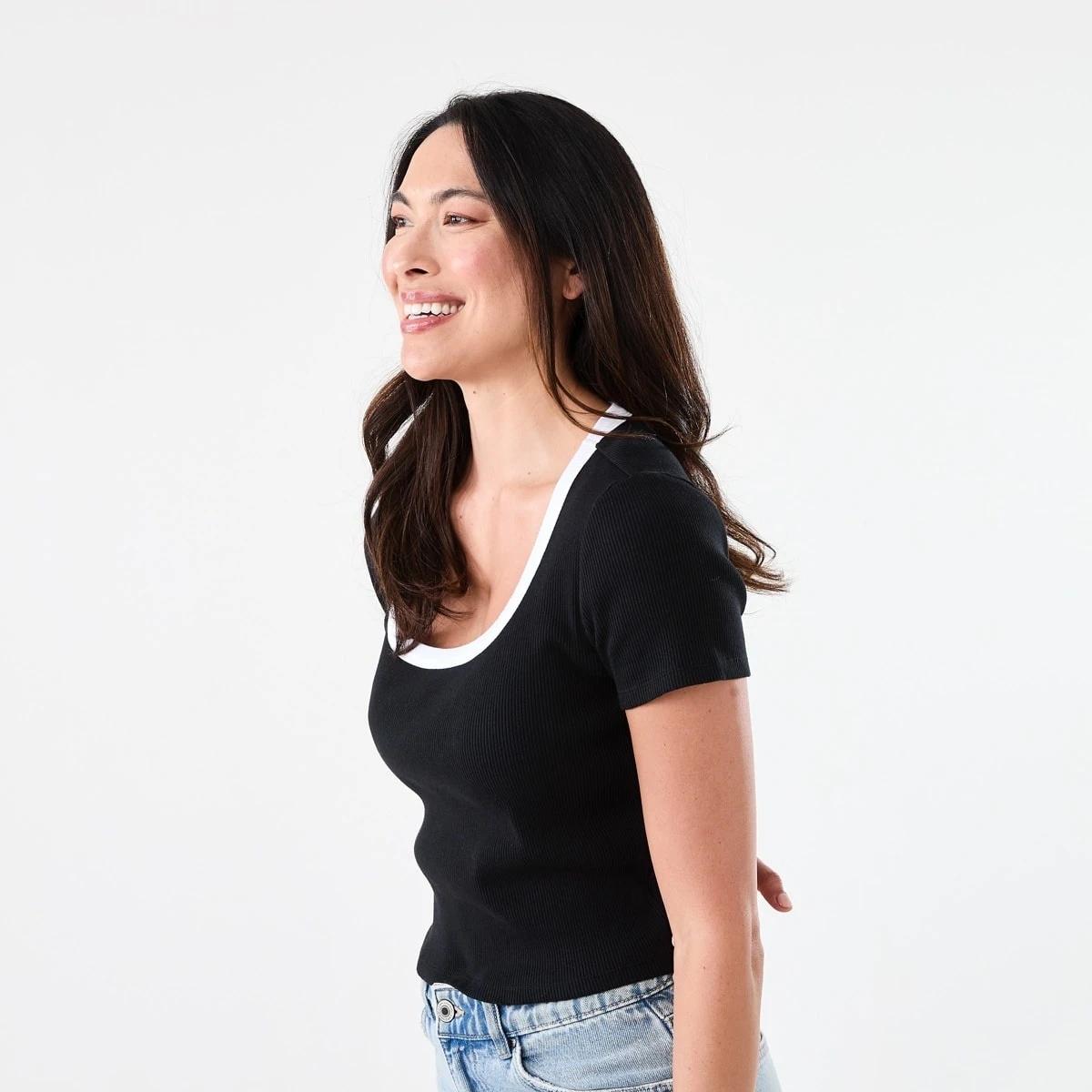 2 Short Sleeve Rib Square Neck T-shirt Blk Wht, 2 of 5
