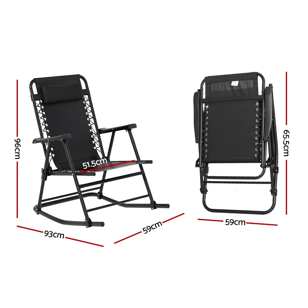 2 Gardeon Outdoor Rocking Chair Folding Reclining Recliner Patio Furniture Garden - Black, 2 of 5