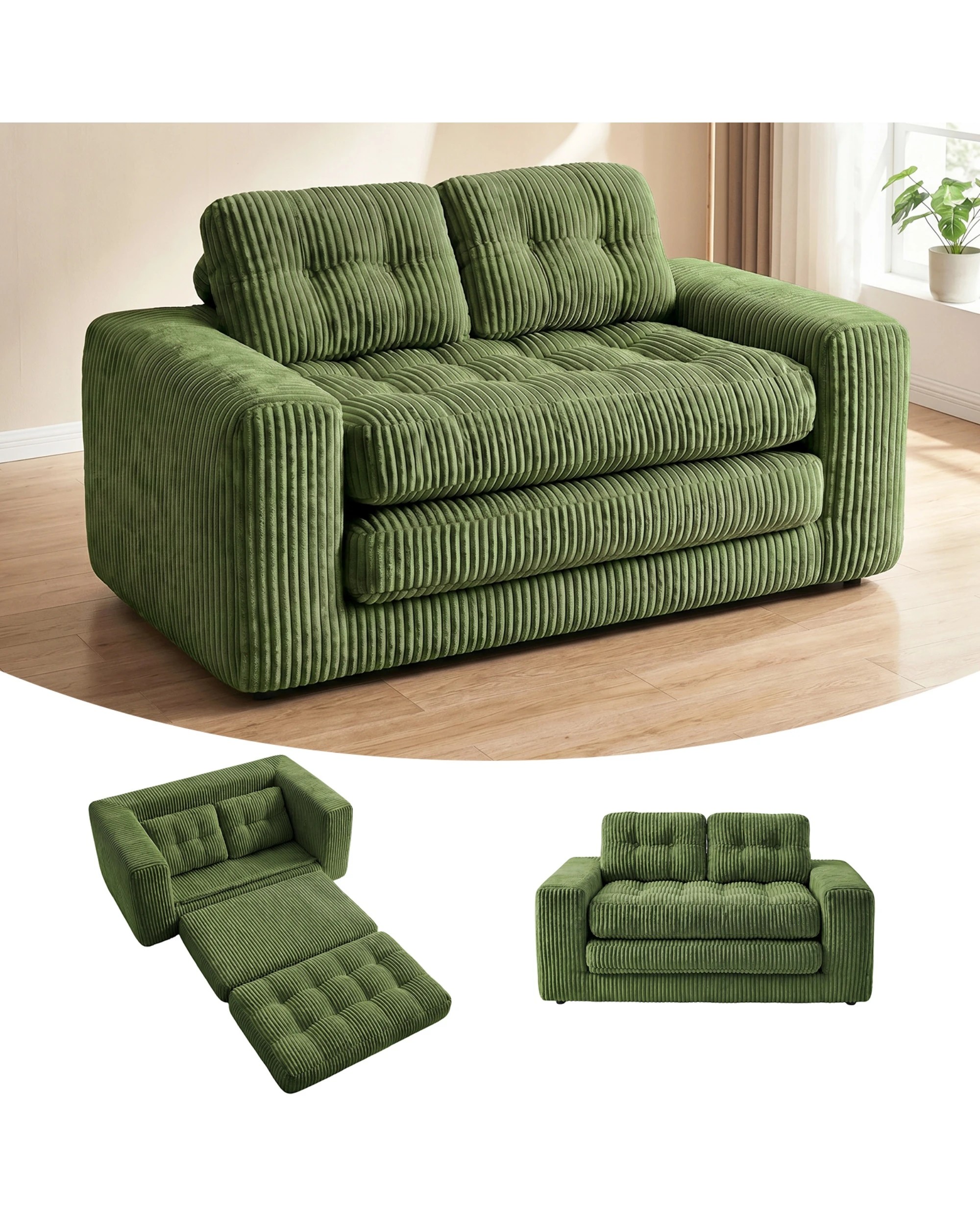 1 Advwin Folding Sofa Bed 2 in 1 Convertible Floor Loveseat Sofa Fold Out Corduroy Sleeper Couch with 2 Pillows - Green, 1 of 8