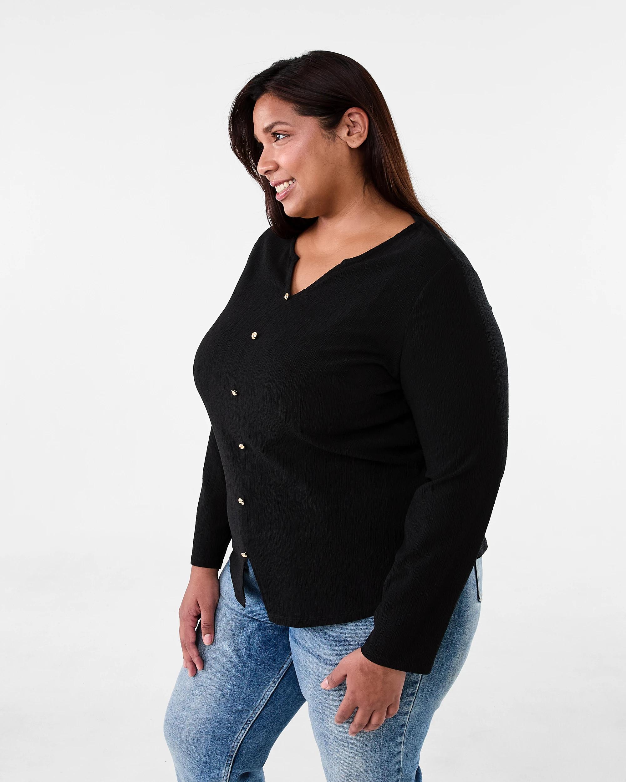 2 Curve Long Sleeve Textured Button Top Black, 2 of 6