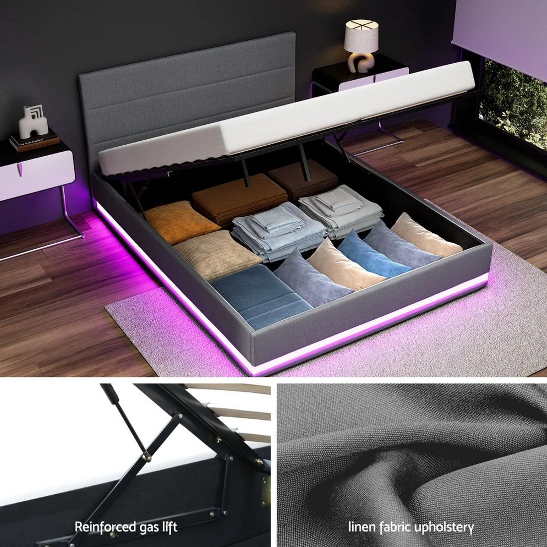 5 Artiss Bed Frame Queen Size LED Gas Lift  LUMI - Grey, 5 of 7