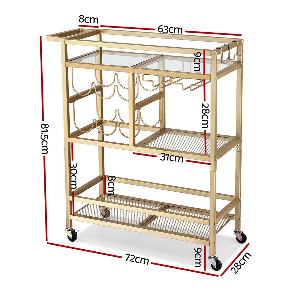 2 Artiss Bar Cart Drinks Trolley Serving Wine Rack Glass Holder 3 Hooks 72cm - Gold, 2 of 7