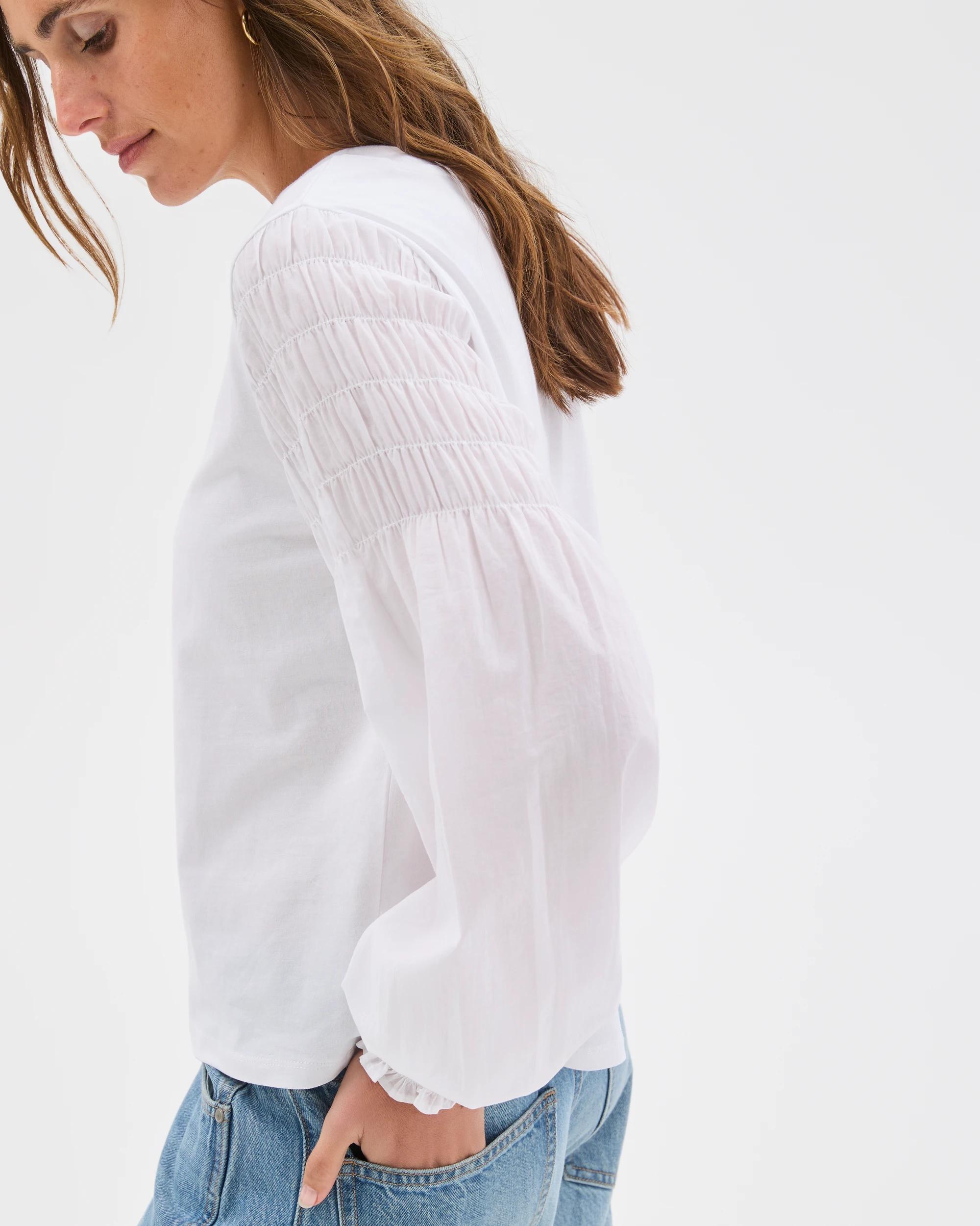 5 Target Woman Australian Cotton Long Sleeve Shirred Sleeve Top BRILLIANT WHITE, 5 of 6