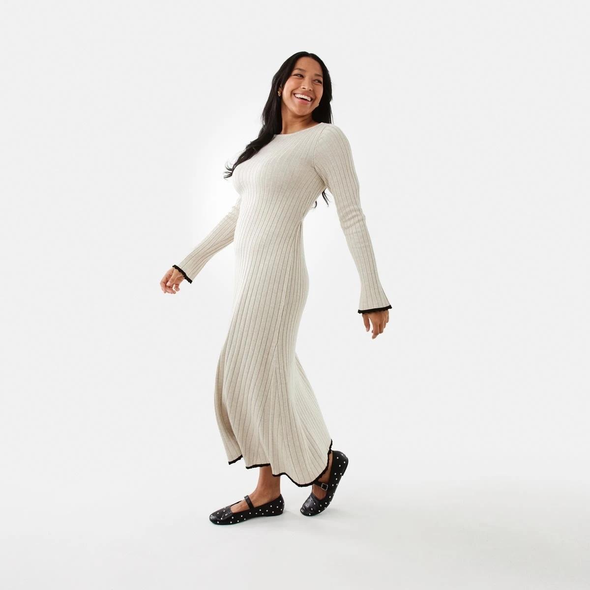 2 Long Sleeve Contrast Edge Rib Maxi Dress Nat Beige, 2 of 10
