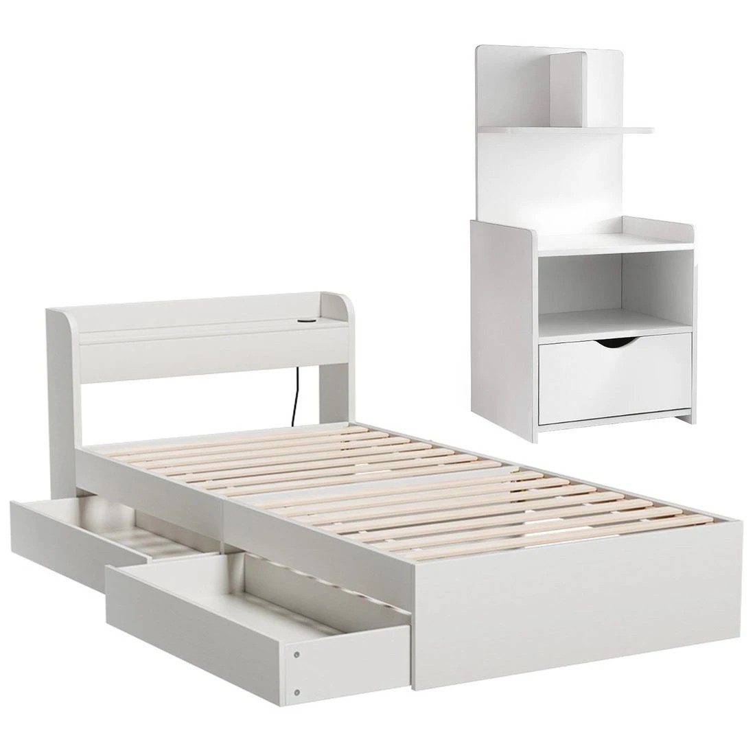 4 Artiss Single Bed Frame  with Charging Ports and Bedside Table - White, 4 of 10