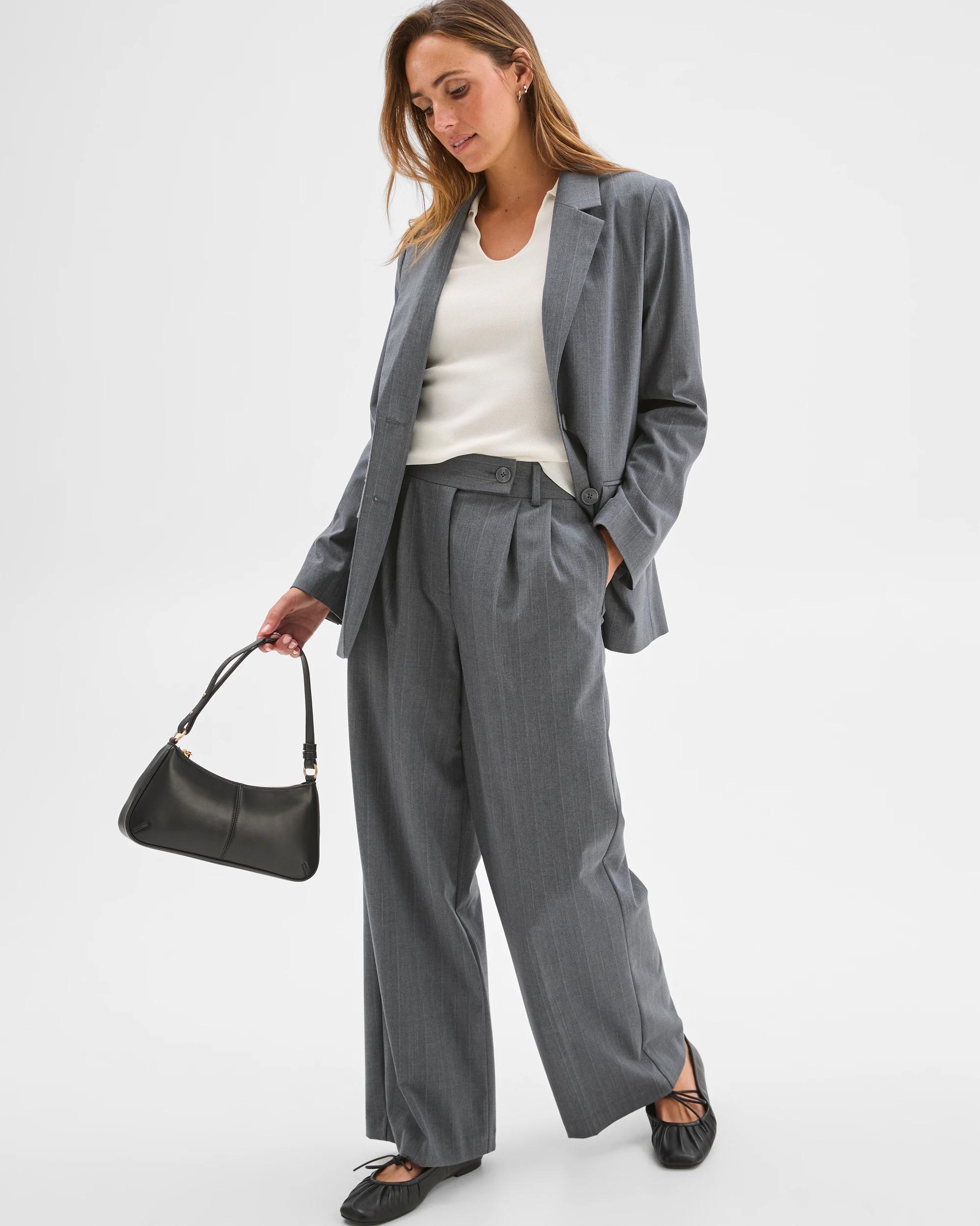 2 Preview Classic Full Length Wide Leg Pants GREY PINSTRIPE, 2 of 6