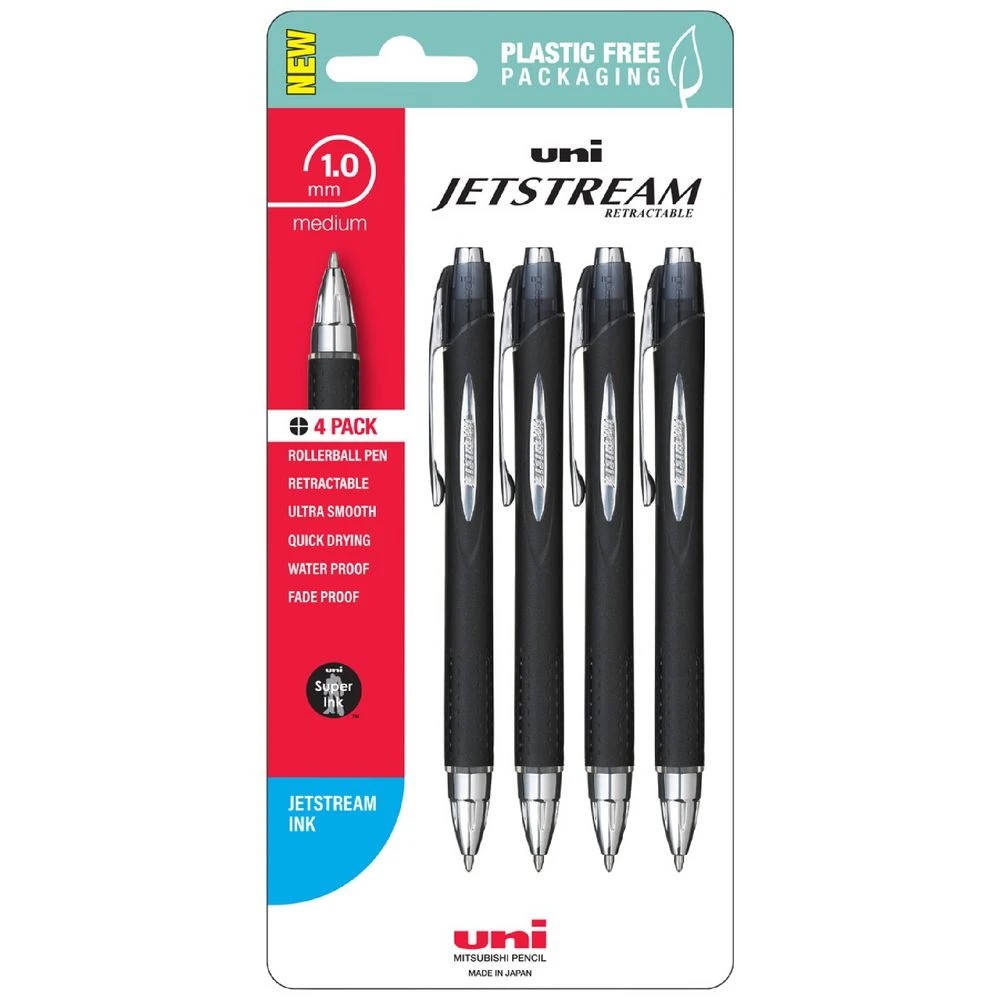 1 Uni Jetstream Retractable Rollerball Pens Black 4 Pack, 1 of 2
