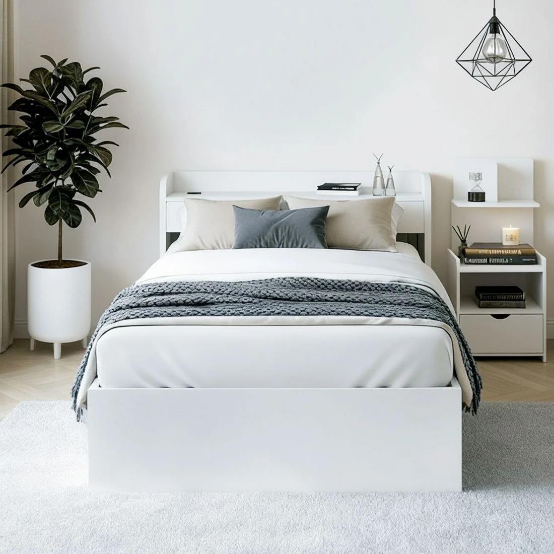 5 Artiss Single Bed Frame  with Charging Ports and Bedside Table - White, 5 of 10