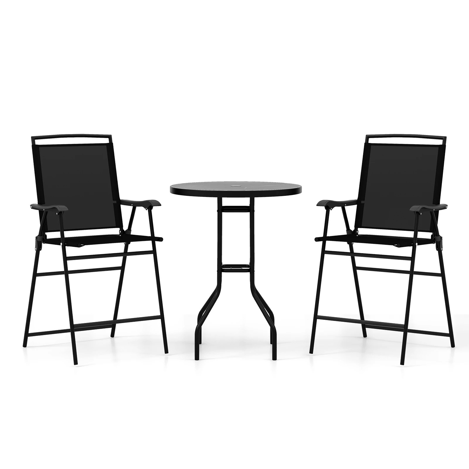 1 Costway 3PCS Outdoor Bar Stool Set w/Umbrella Hole Folding Counter Height Chairs - Black, 1 of 1