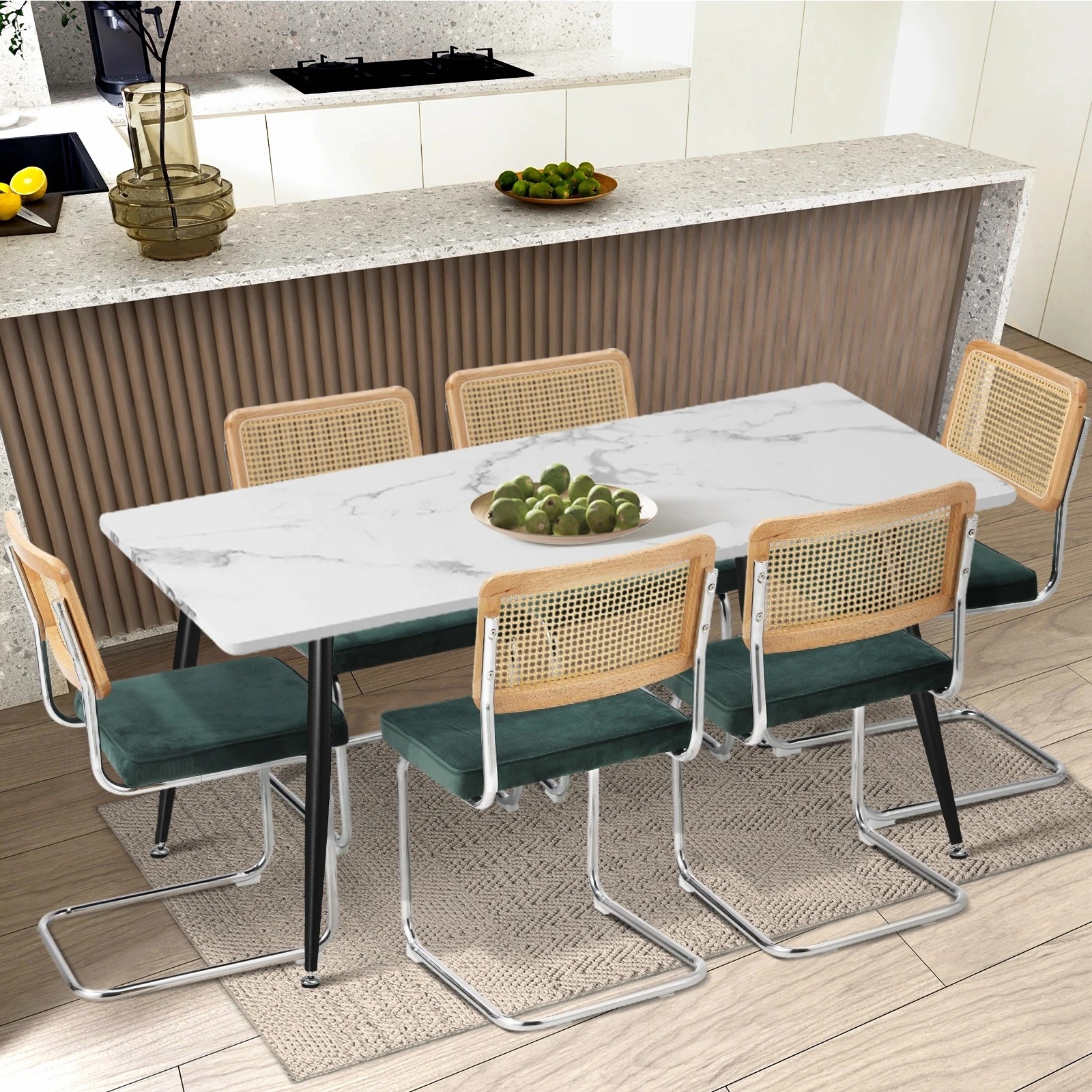 3 Oikiture 4x Rattan Dining Chair Cesca Replica Cantilever Velvet Padded - Green, 3 of 9