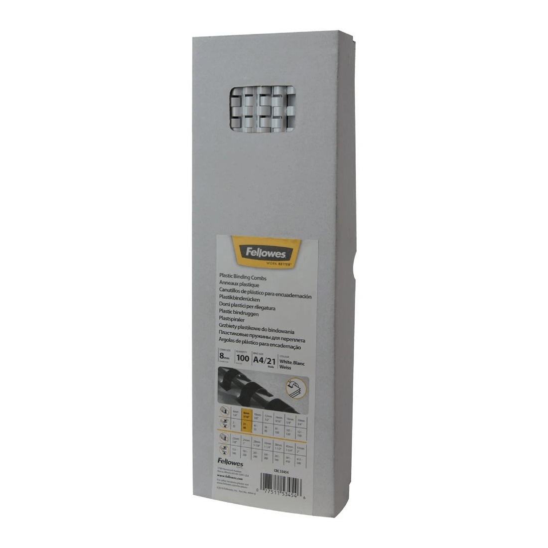 1 Fellowes Binding Combs 21 Loop 8mm White 100 Pack, 1 of 5