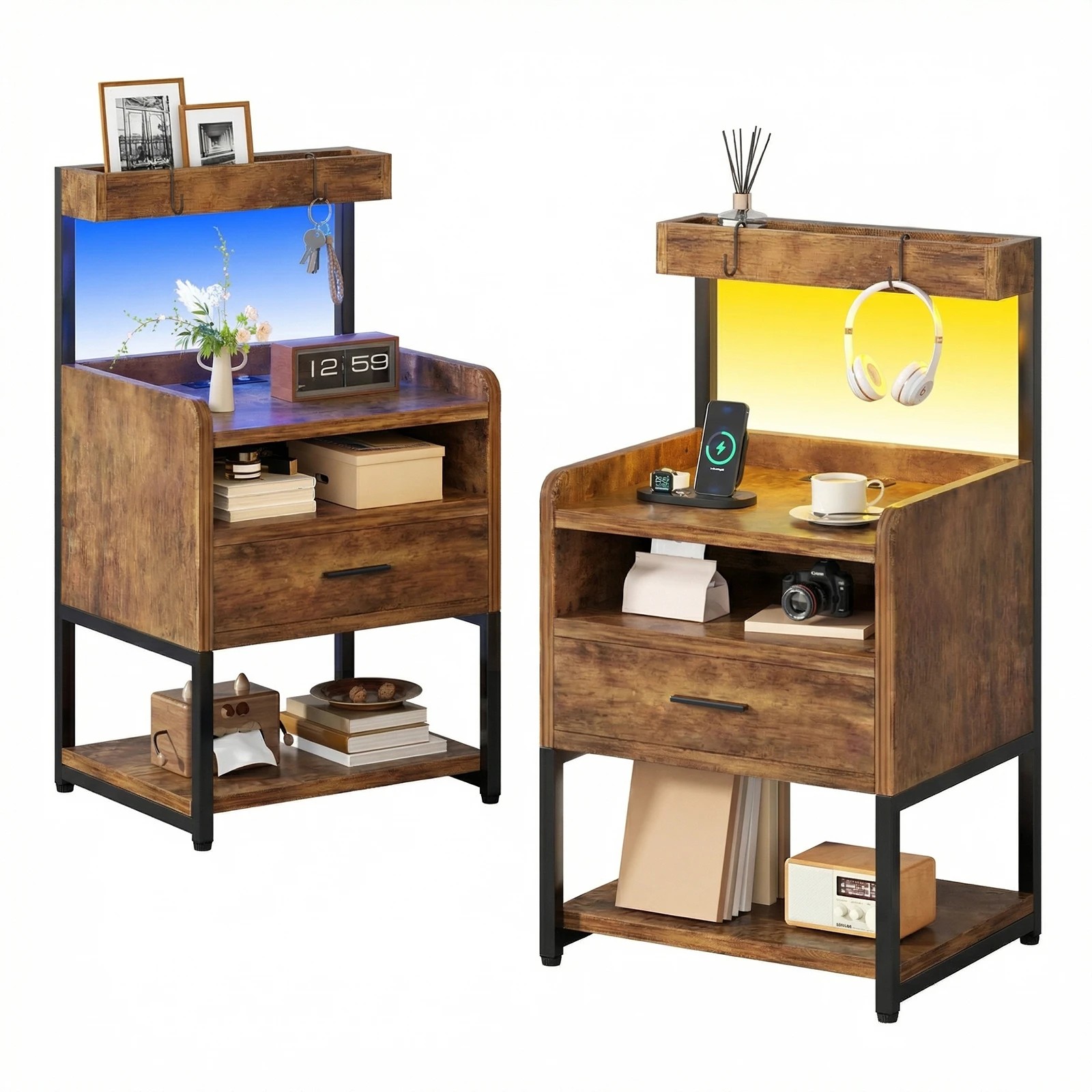 1 Advwin 2Pcs Bedside Table with Charging Station LED Lights Drawer and Open Storage Shelves - Brown, 1 of 10