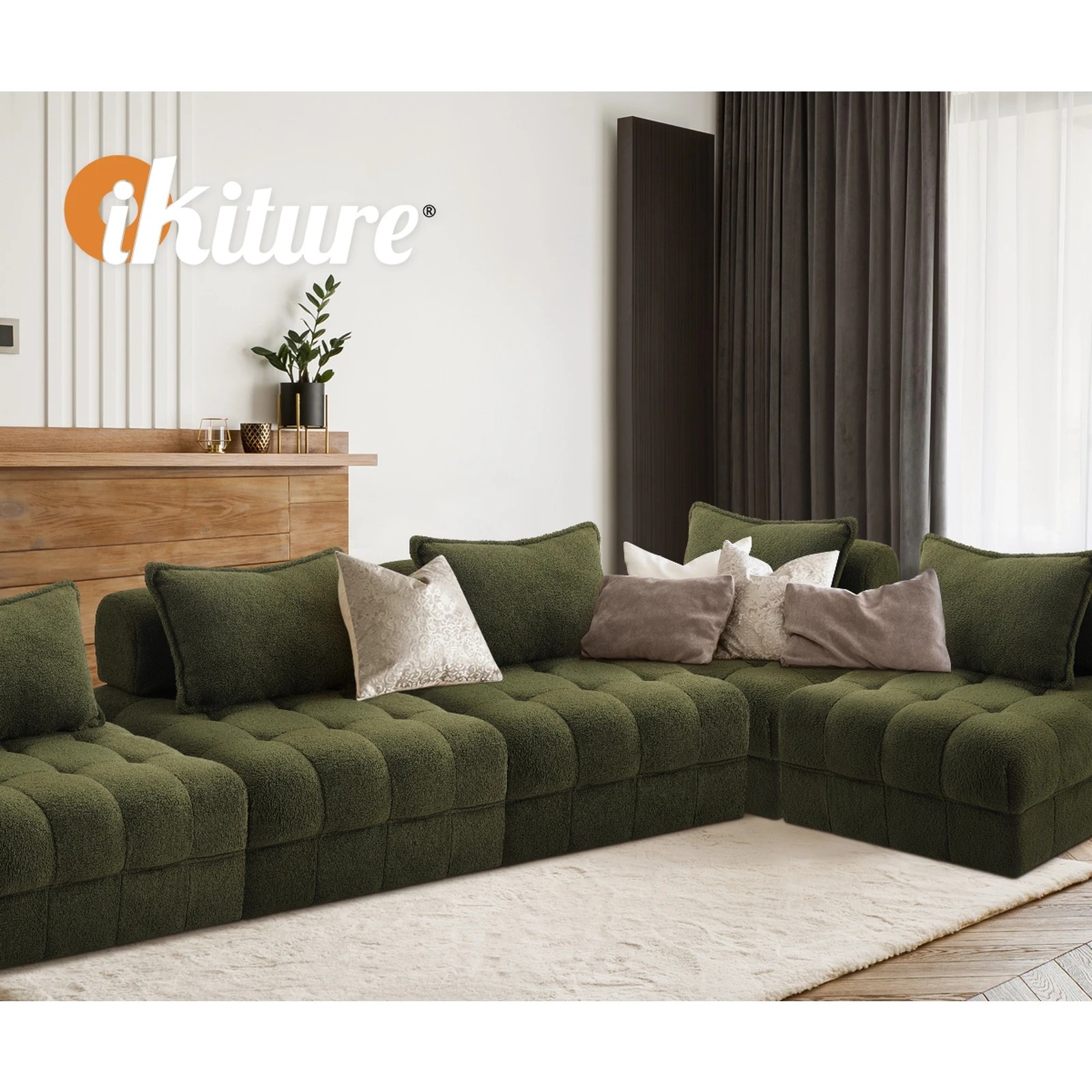 7 Oikiture 3 Seater Boucle Modular Sofa Lounge Chair Armless Tofu Back
 - Green, 7 of 10