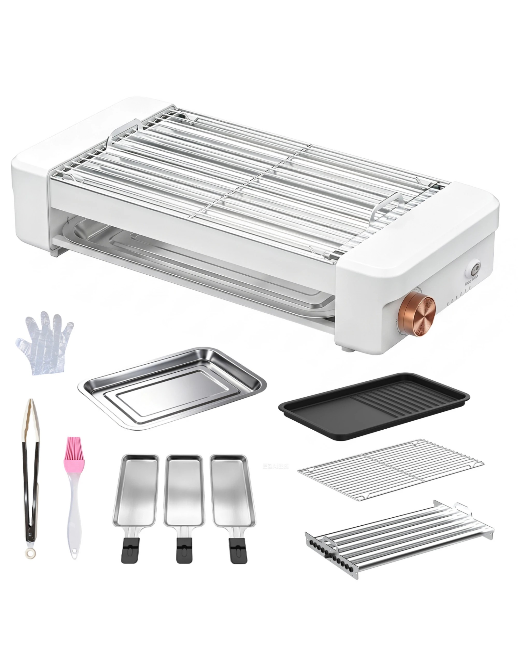 1 Yopower 4 in 1 Electric Grill with Hot Dog Roller BBQ Rack and 3 Pans - White, 1 of 4