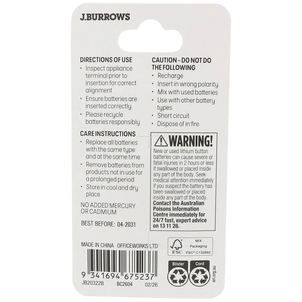 2 J.Burrows CR 2032 Button Batteries 2 Pack, 2 of 7