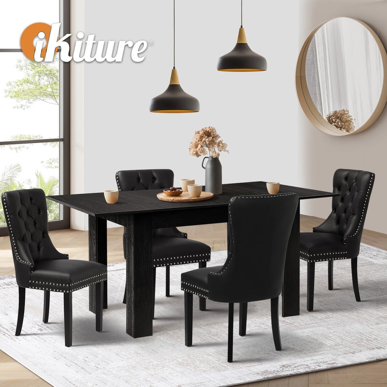 6 Oikiture 160cm Extendable Dining Table With 4pcs Pu Leather Dining Chairs
 - Black, 6 of 10