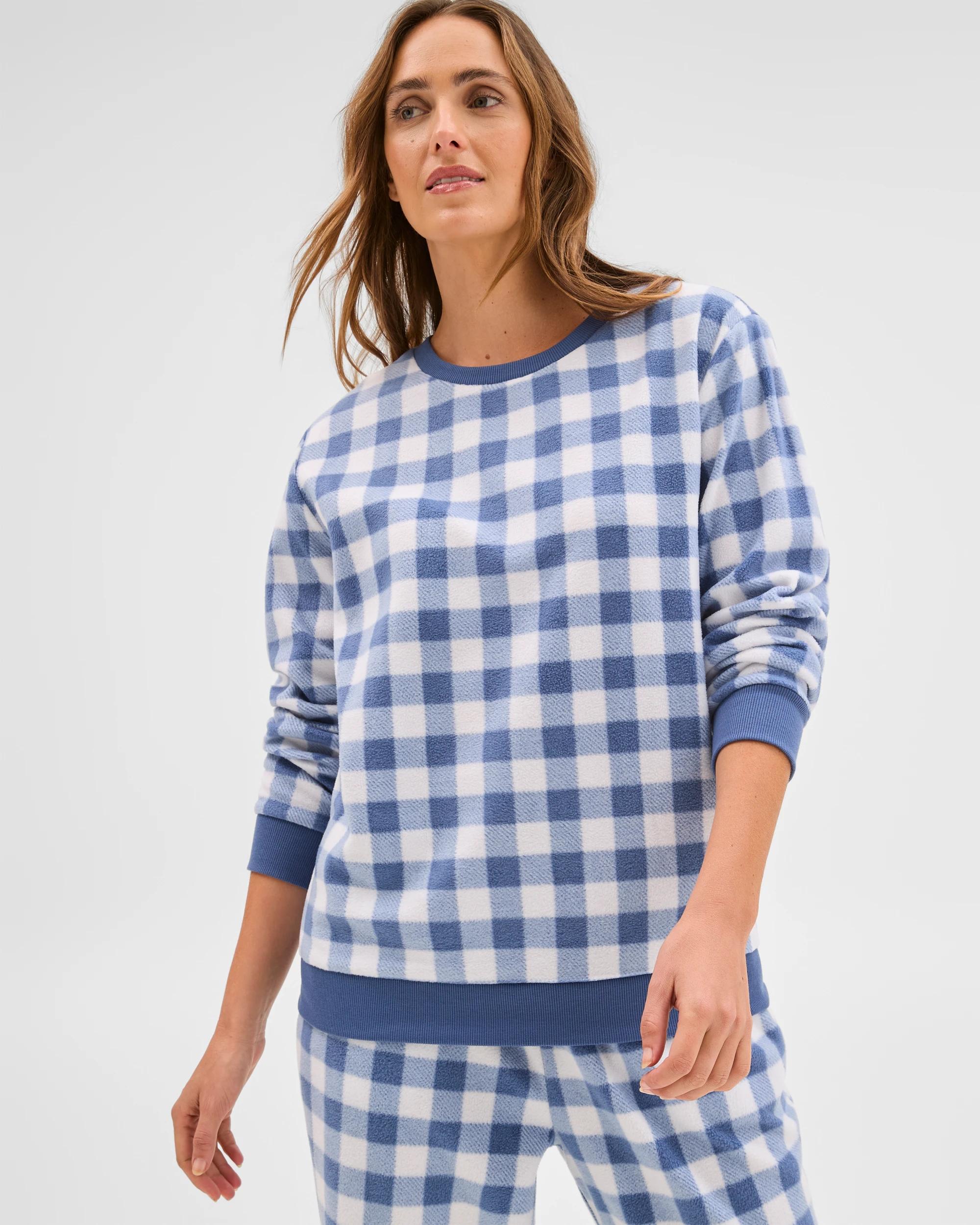 3 Target Woman Micro Fleece Long Sleeve Pyjama Top GINGHAM BLUE, 3 of 7