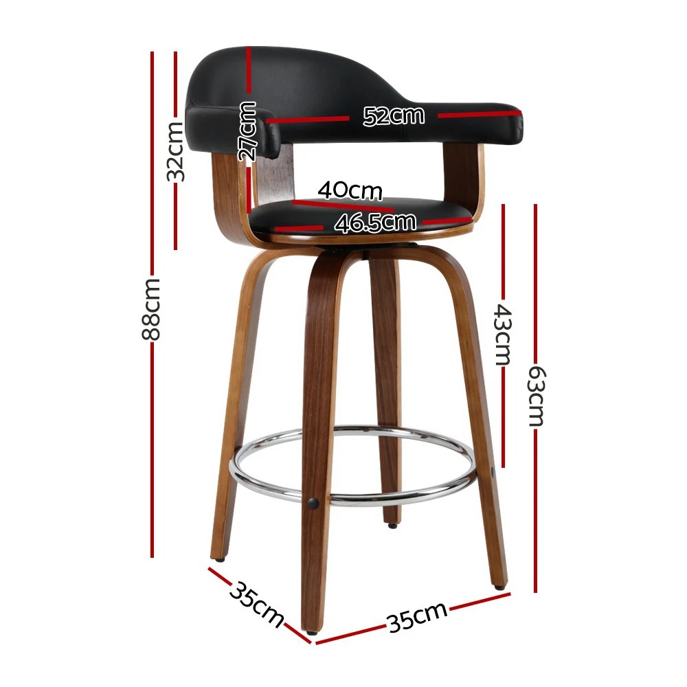 2 Artiss 2x Bar Stools Leather Seat Wooden Legs - Black, 2 of 5